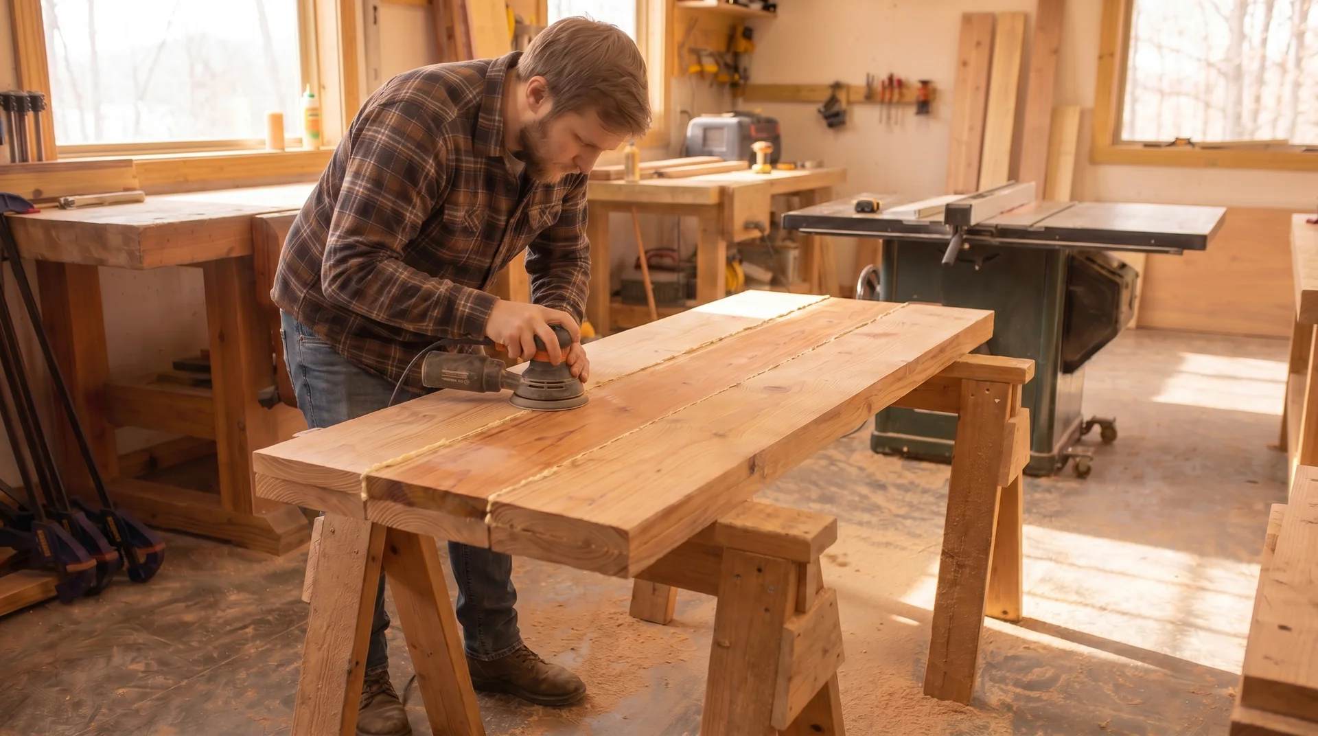 Sanding a glued-up tabletop to flatten the surface