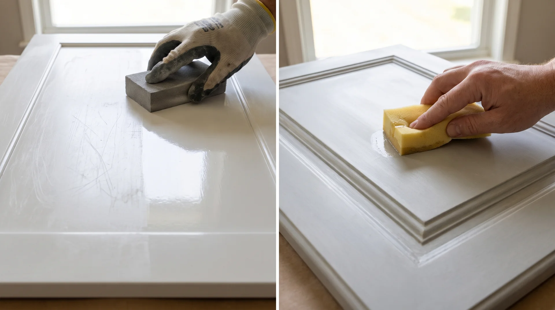 Scuff-sanding flat cabinet panel on left, liquid de-glosser on raised profile molding on right
