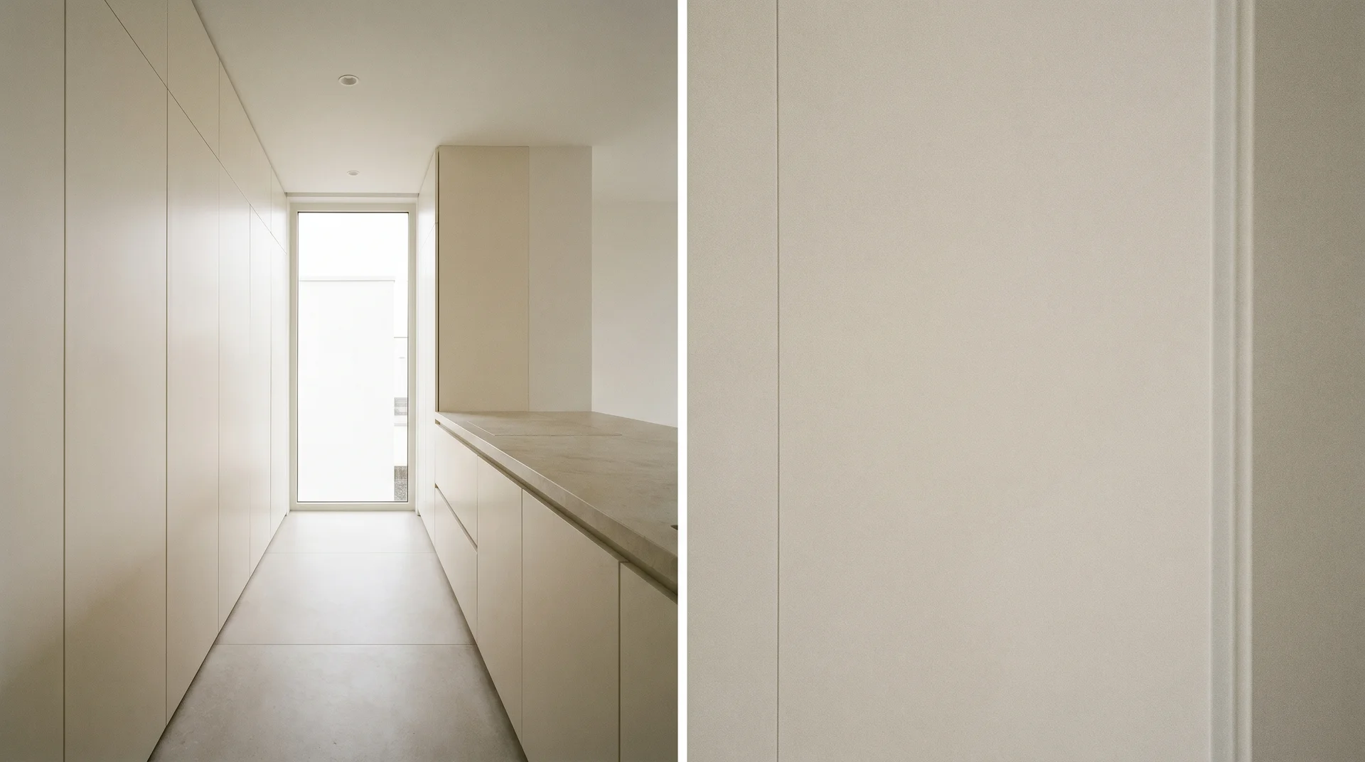 Seamless handleless cabinet run with honed limestone counter in a minimalist kitchen