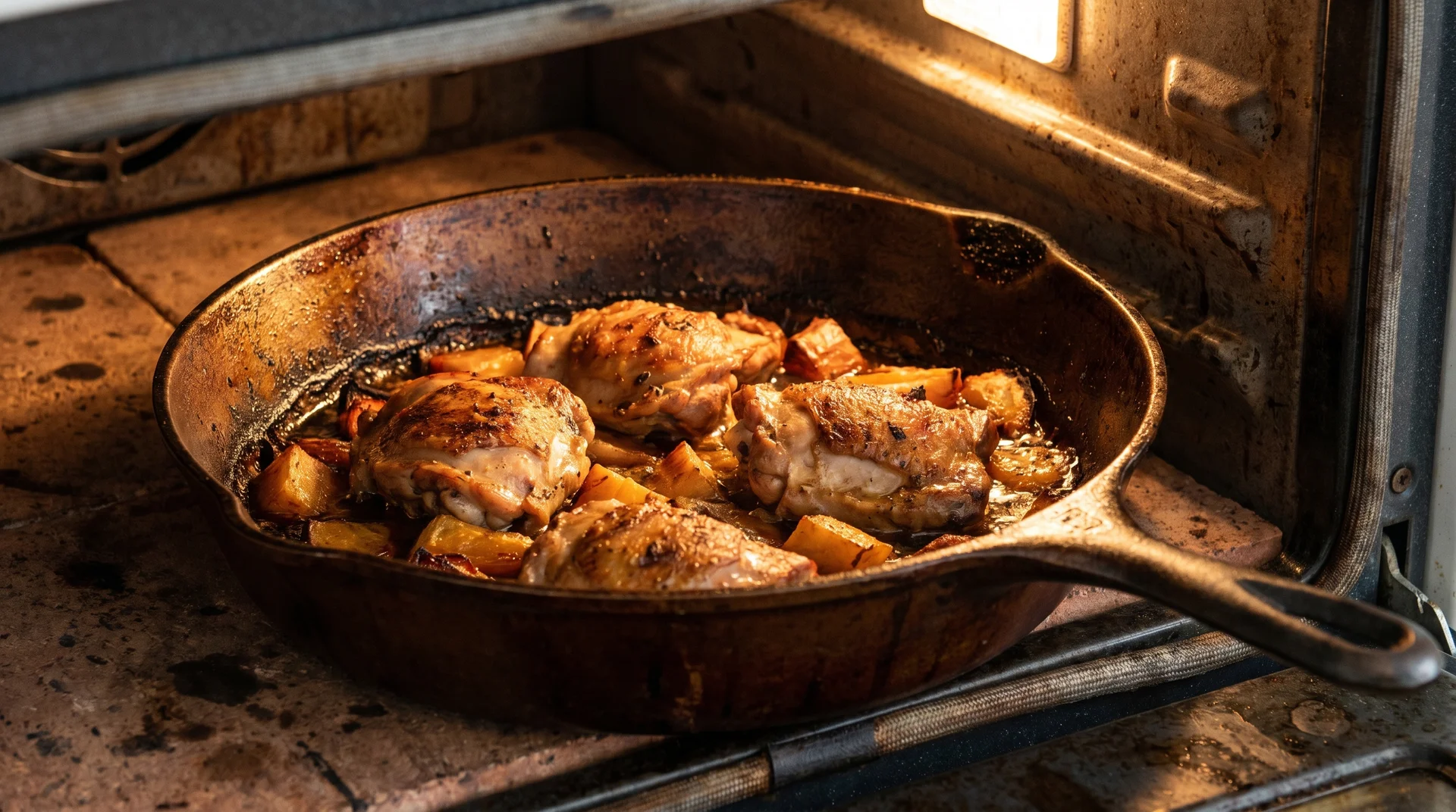 Seasoned cast iron skillet roasting food in the oven