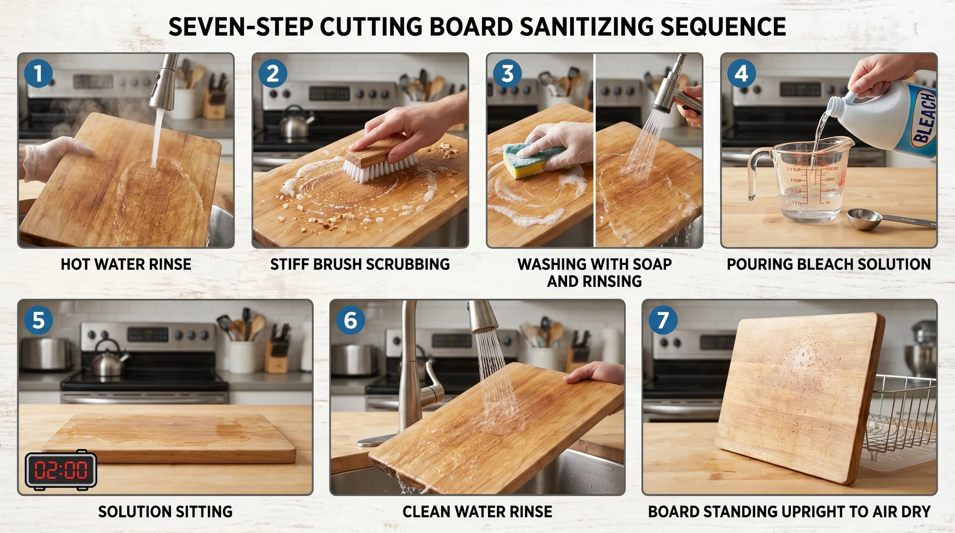 Seven-step plastic cutting board sanitization sequence from hot rinse to air drying with bleach contact time shown