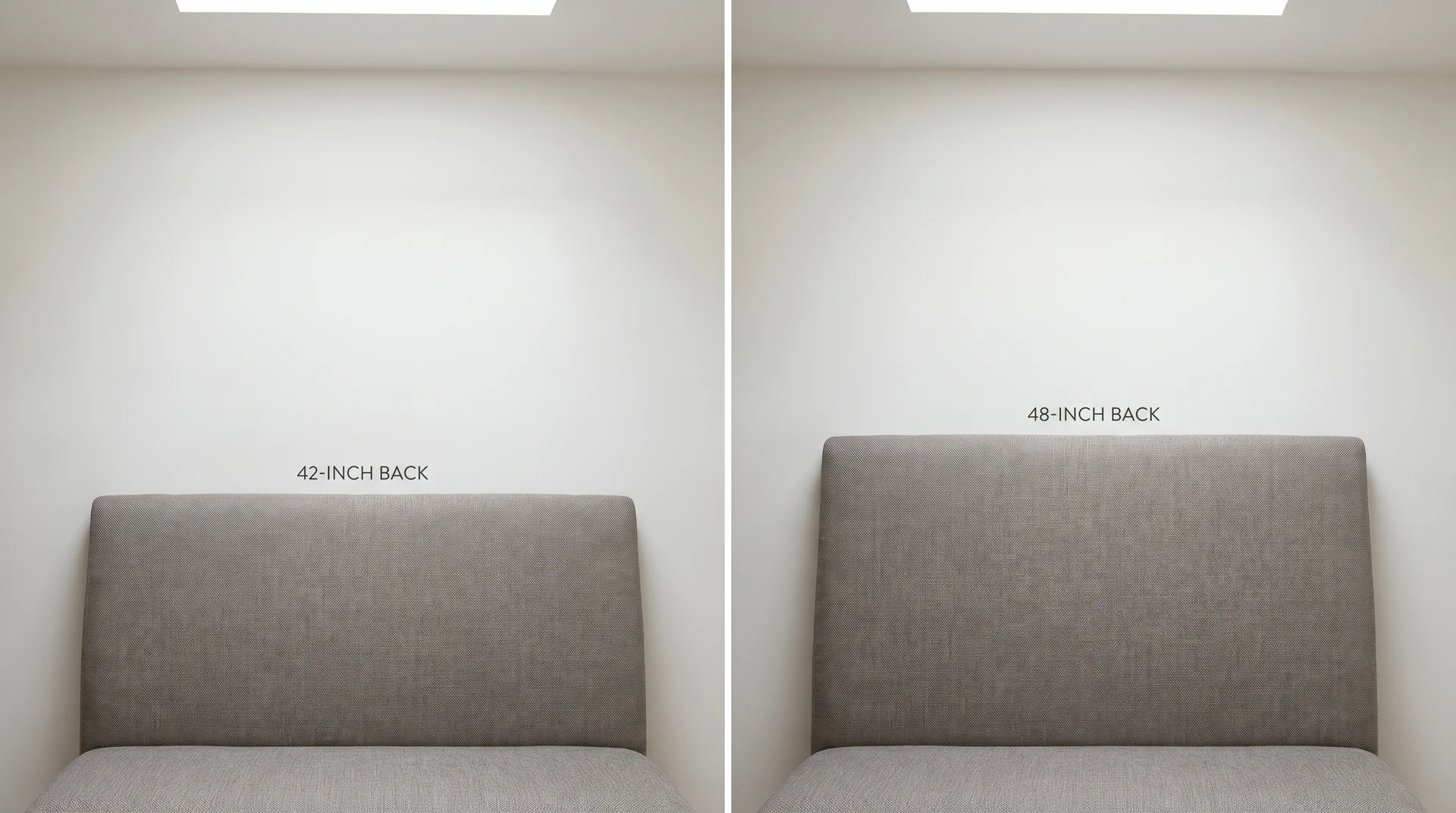 Side-by-side comparison of 42-inch and 48-inch booth back heights against a standard 8-foot kitchen ceiling