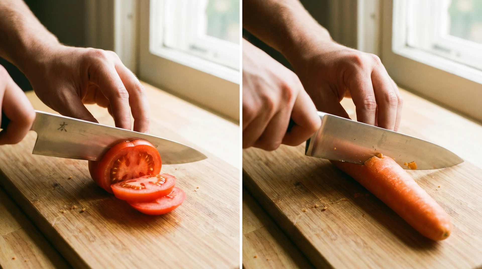 Side-by-side comparison of a 15-degree Japanese knife slicing a tomato and a 20-degree German knife cutting through a carrot