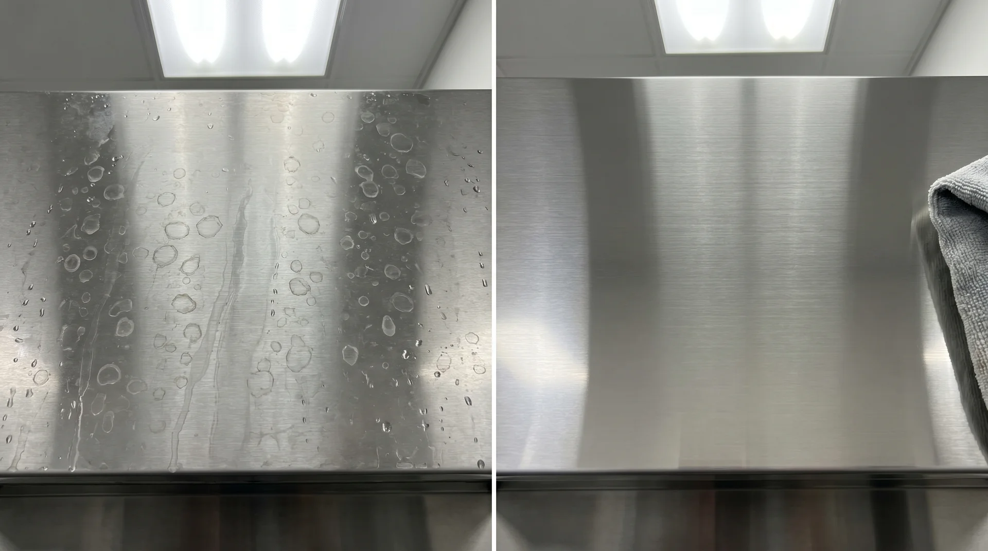 Side-by-side comparison of air-dried stainless steel with water spots versus hand-dried streak-free surface