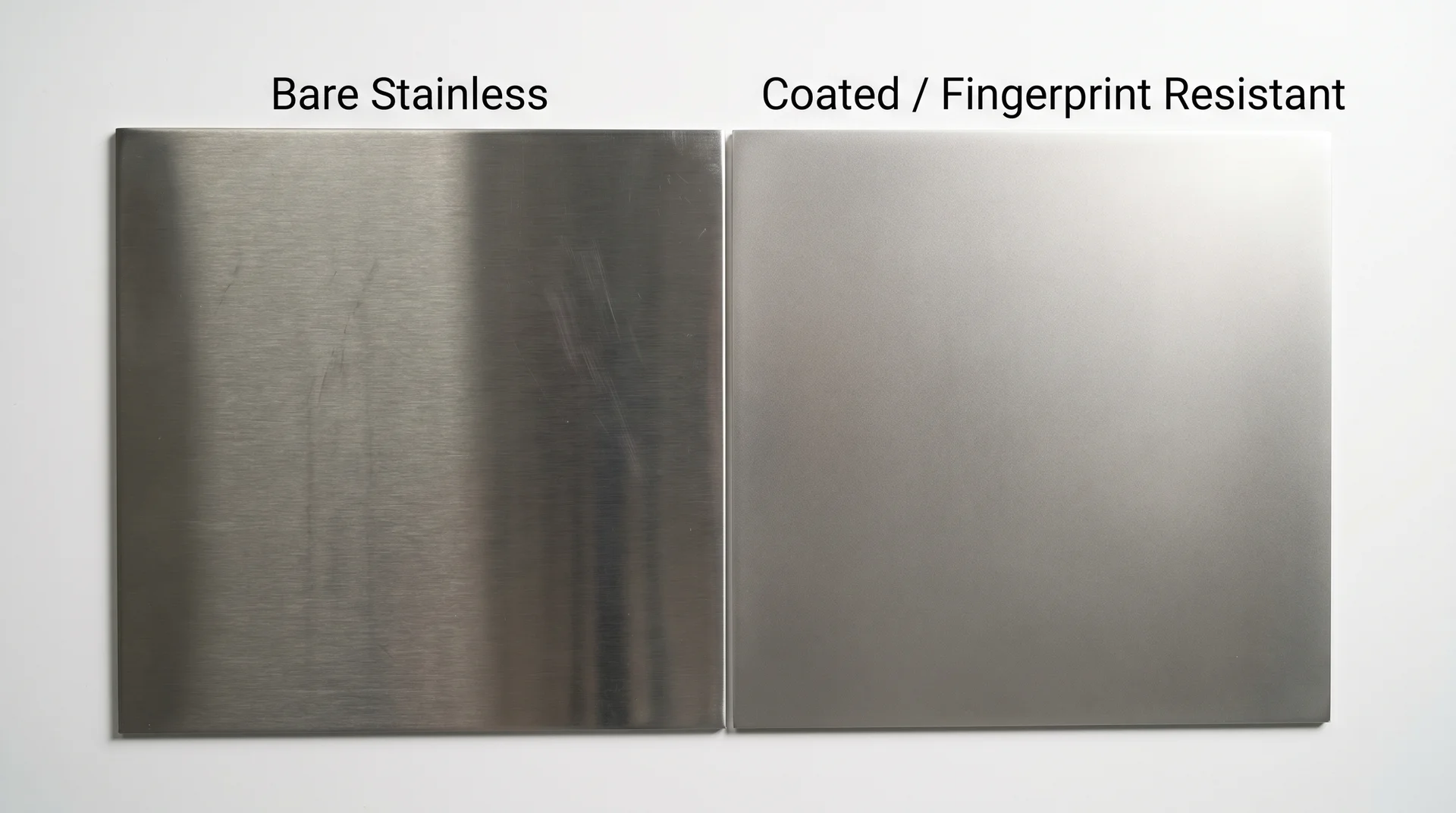 Side-by-side comparison of bare brushed stainless steel and fingerprint-resistant coated stainless steel surfaces