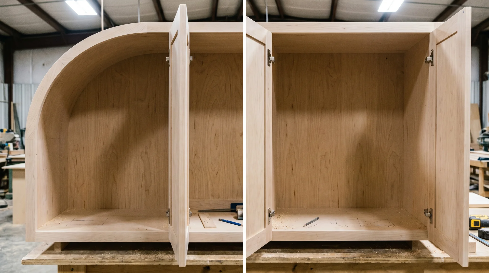 Side-by-side comparison of curved custom cabinet interior versus standard rectangular cabinet interior showing storage volume difference