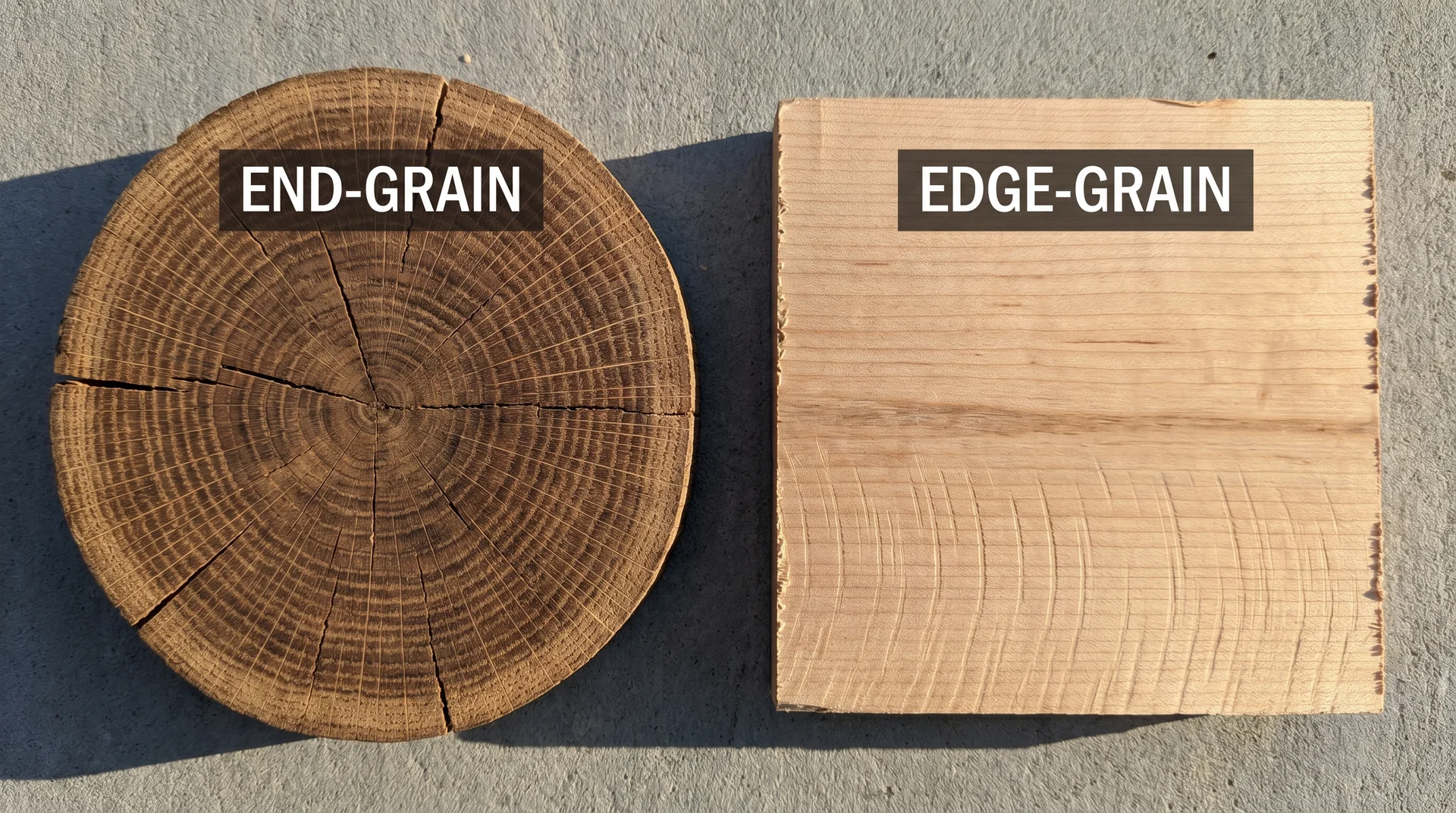 Side-by-side comparison of end-grain circular rings versus edge-grain parallel lines on hardwood cutting boards