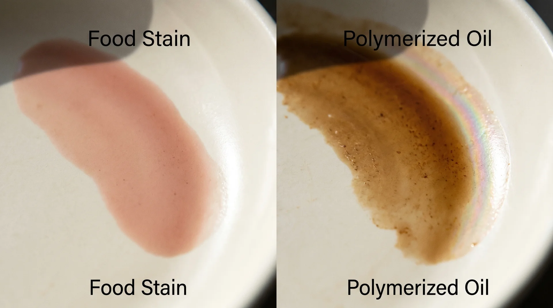 Side-by-side comparison of food stain versus polymerized oil on ceramic pan interior