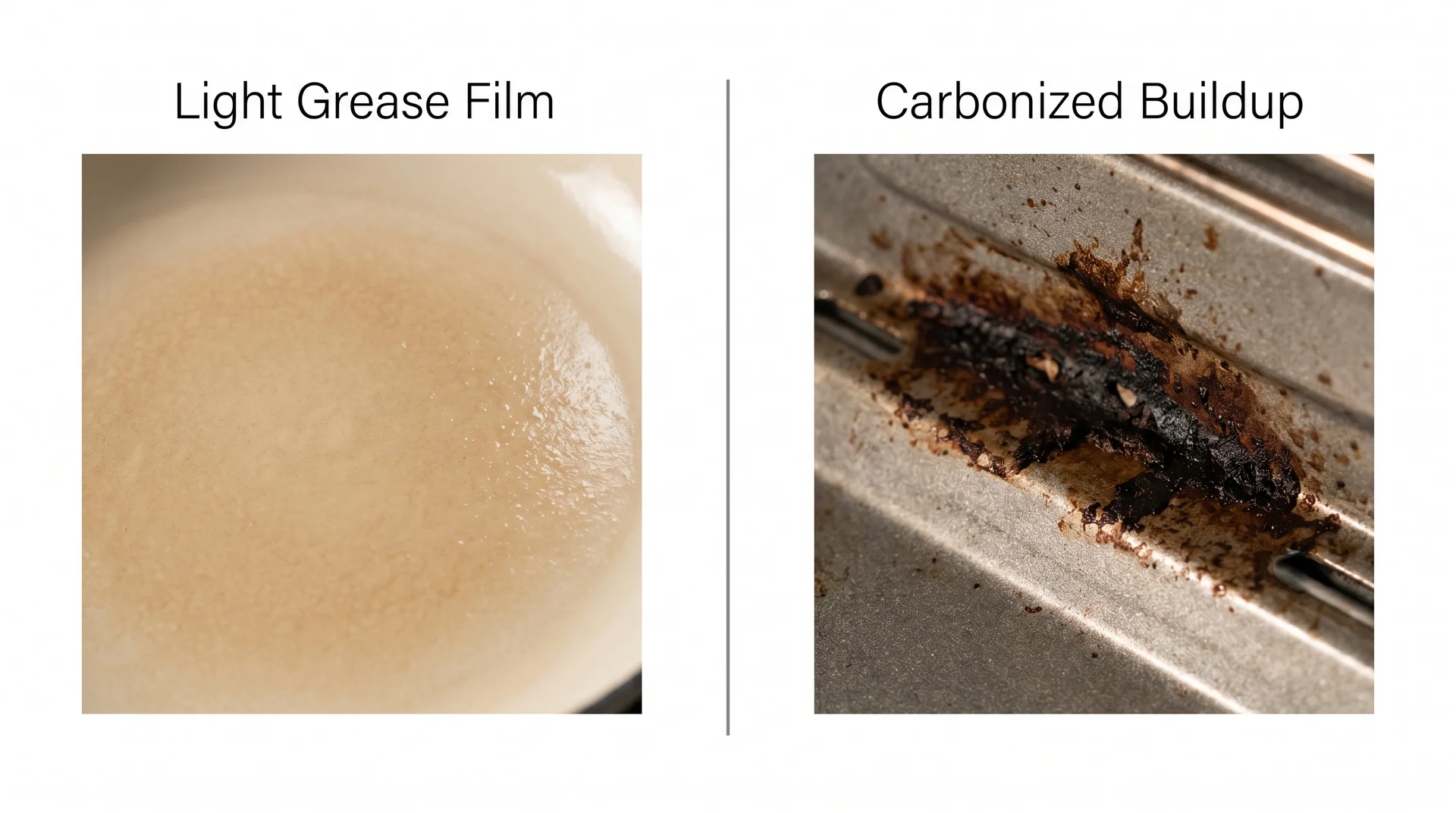 Side-by-side comparison of light oven grease film and carbonized buildup on oven enamel