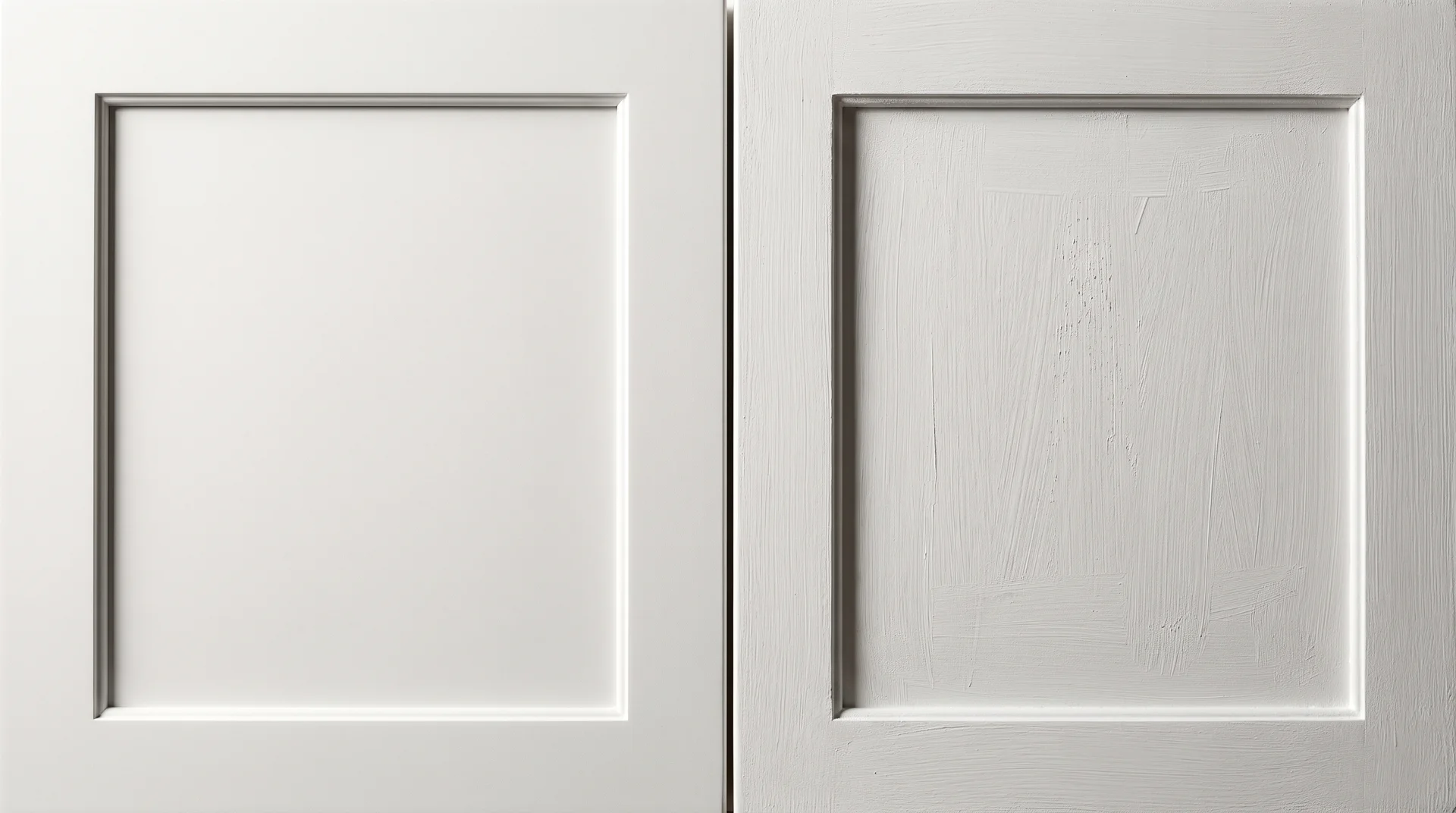Side-by-side comparison of spray-applied professional cabinet finish versus brush-and-roll DIY finish texture