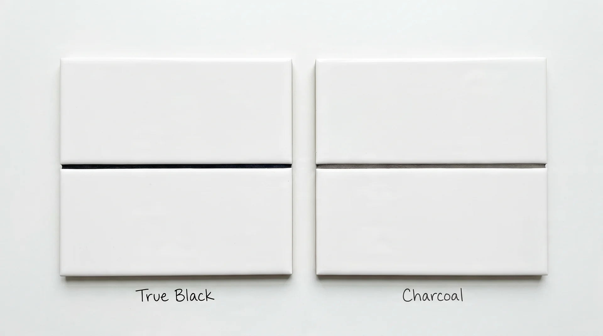 Side-by-side comparison of white subway tile with true black grout versus charcoal grout under natural light 