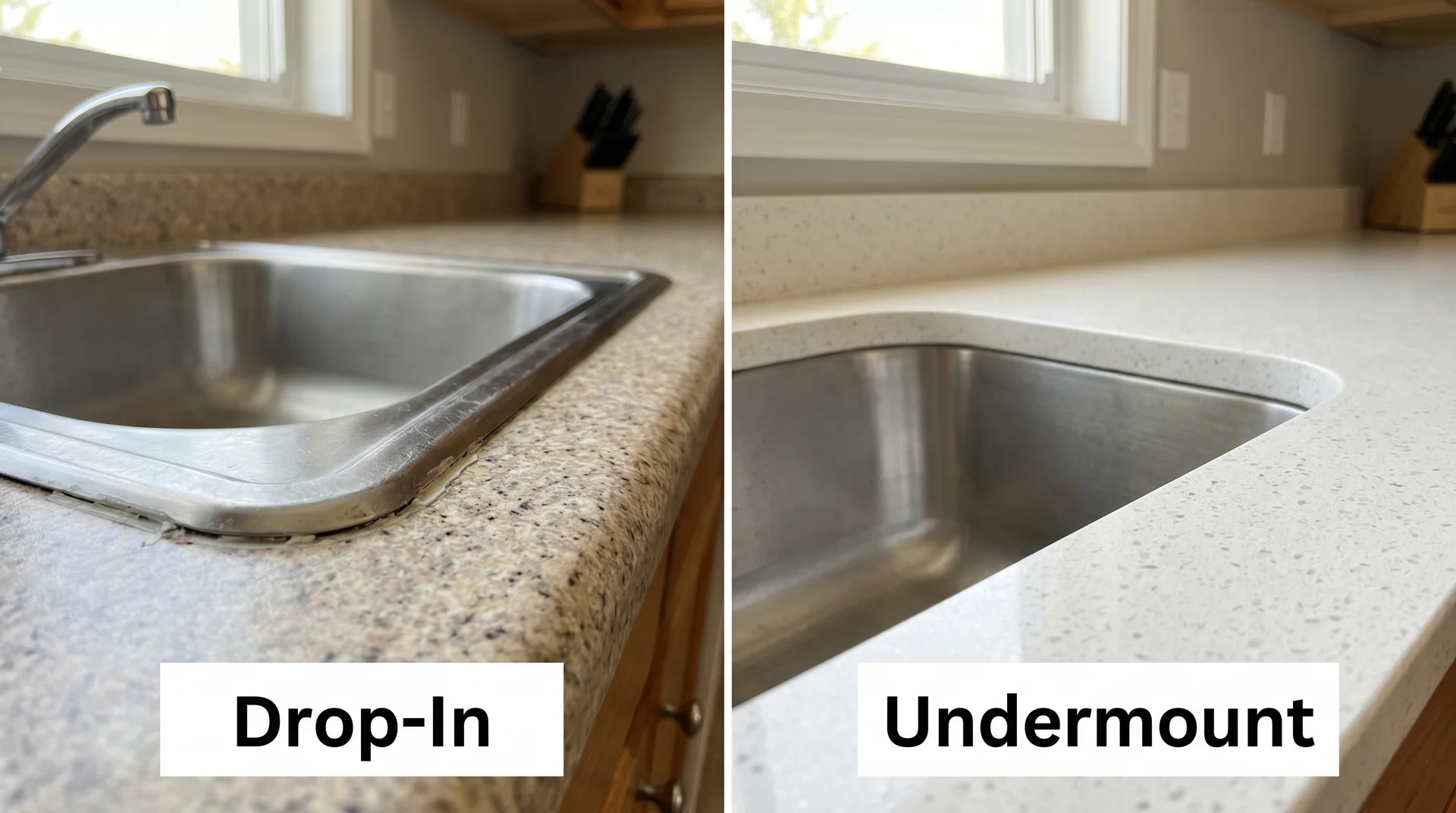 Side-by-side comparison showing a drop-in sink rim on laminate and an undermount sink under quartz countertop