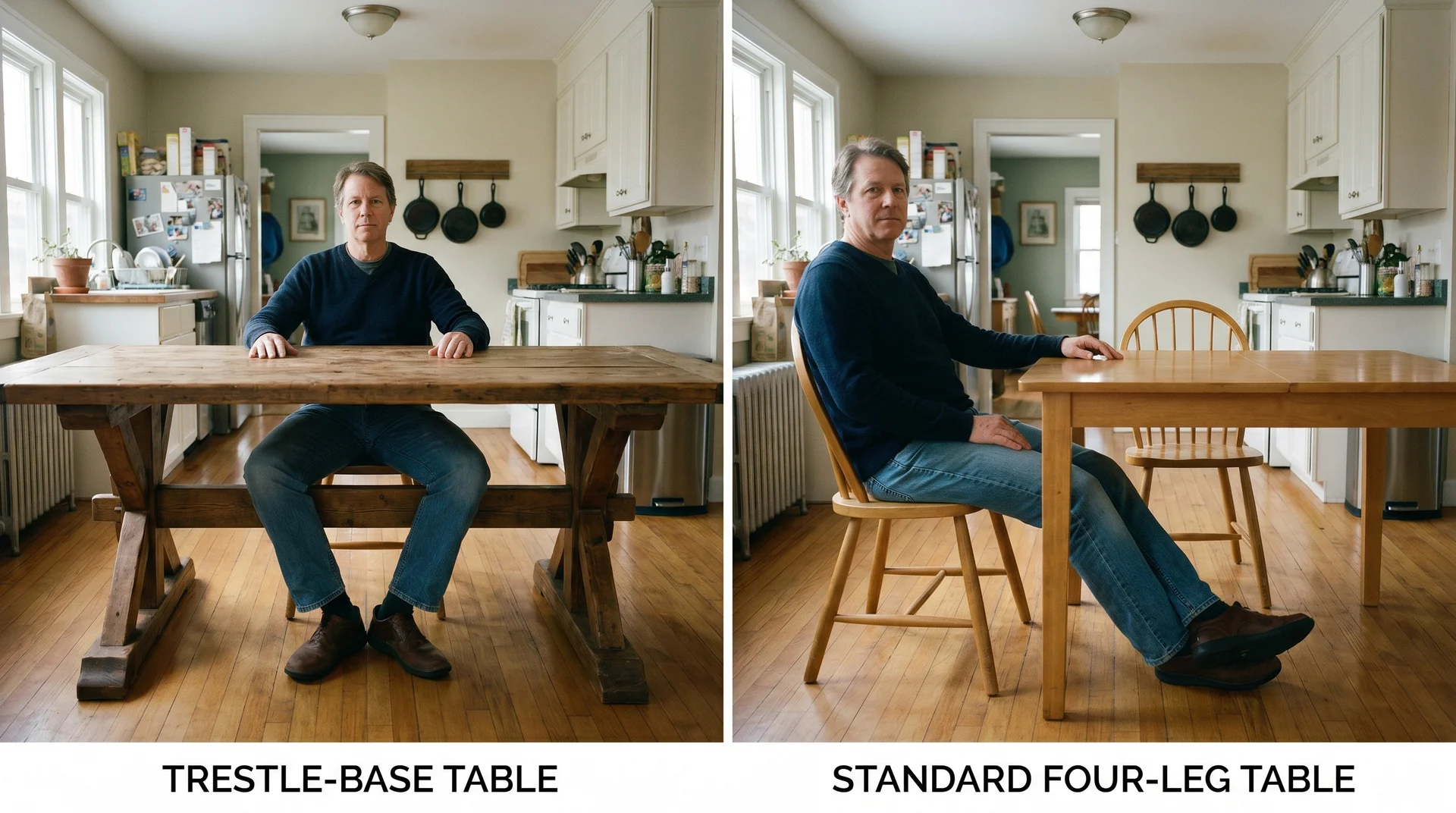 Side-by-side comparison showing trestle-base table crossbar restricting leg room at the head seat versus open leg room at a four-leg table