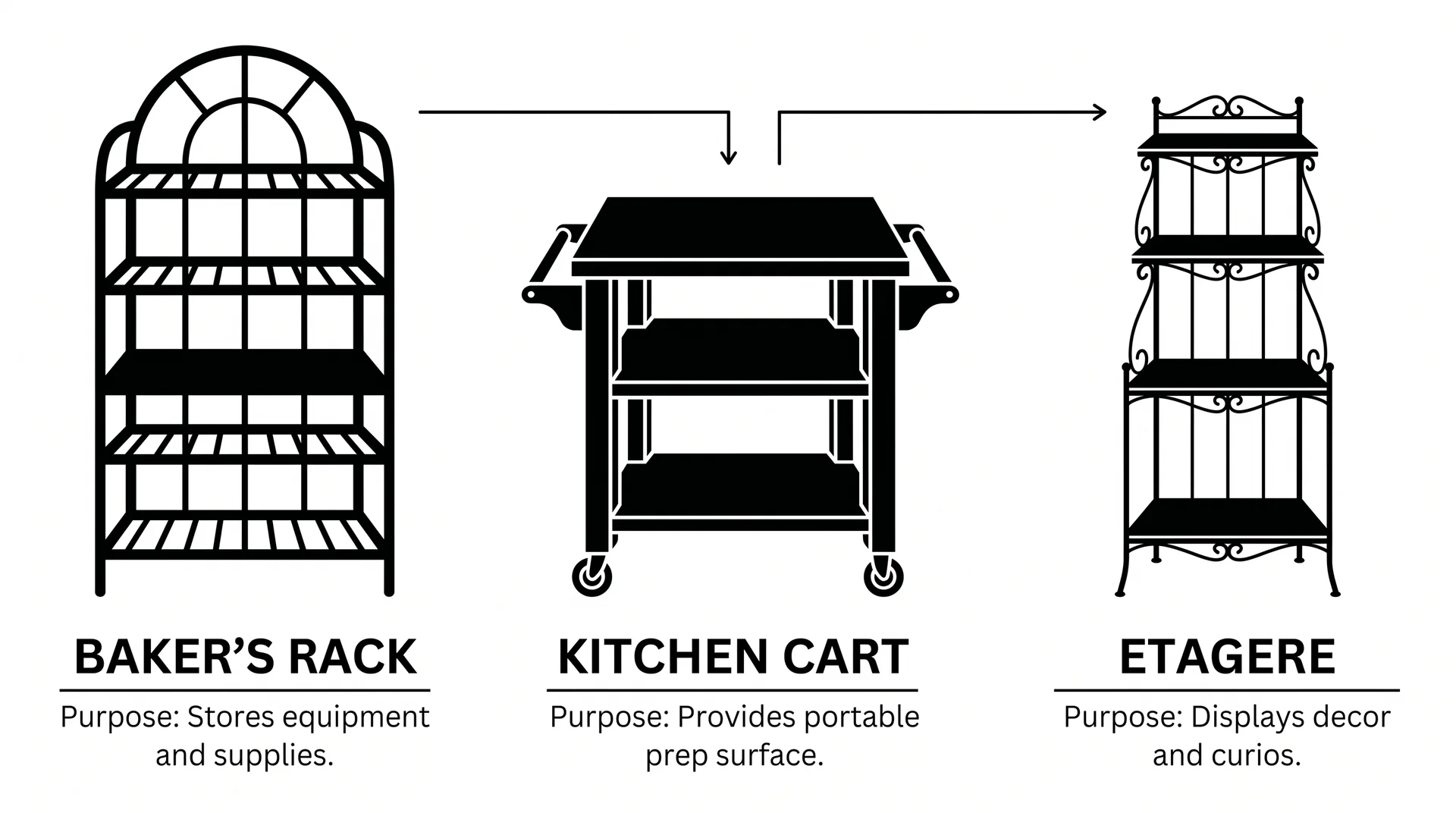 Side-by-side diagram comparing a baker's rack, kitchen cart, and etagere by height, purpose, and structure