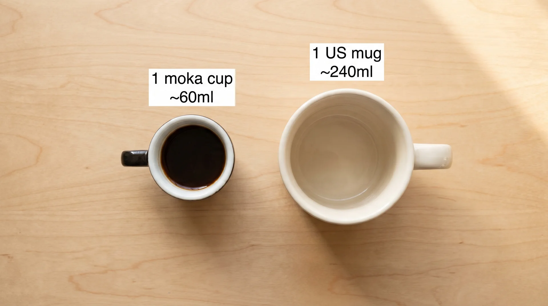 Side-by-side size comparison showing a moka pot cup (60ml) against a standard US coffee mug (240ml)
