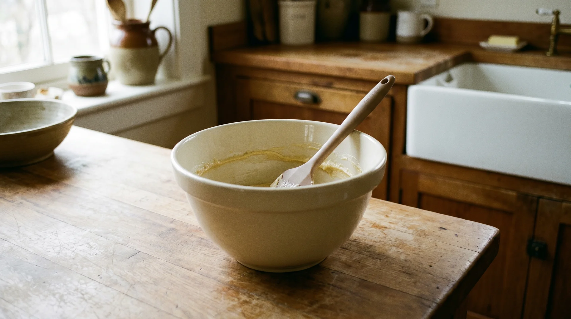Silicone rubber scraper resting in a ceramic mixing bowl with cake batter residue on a wooden kitchen surface