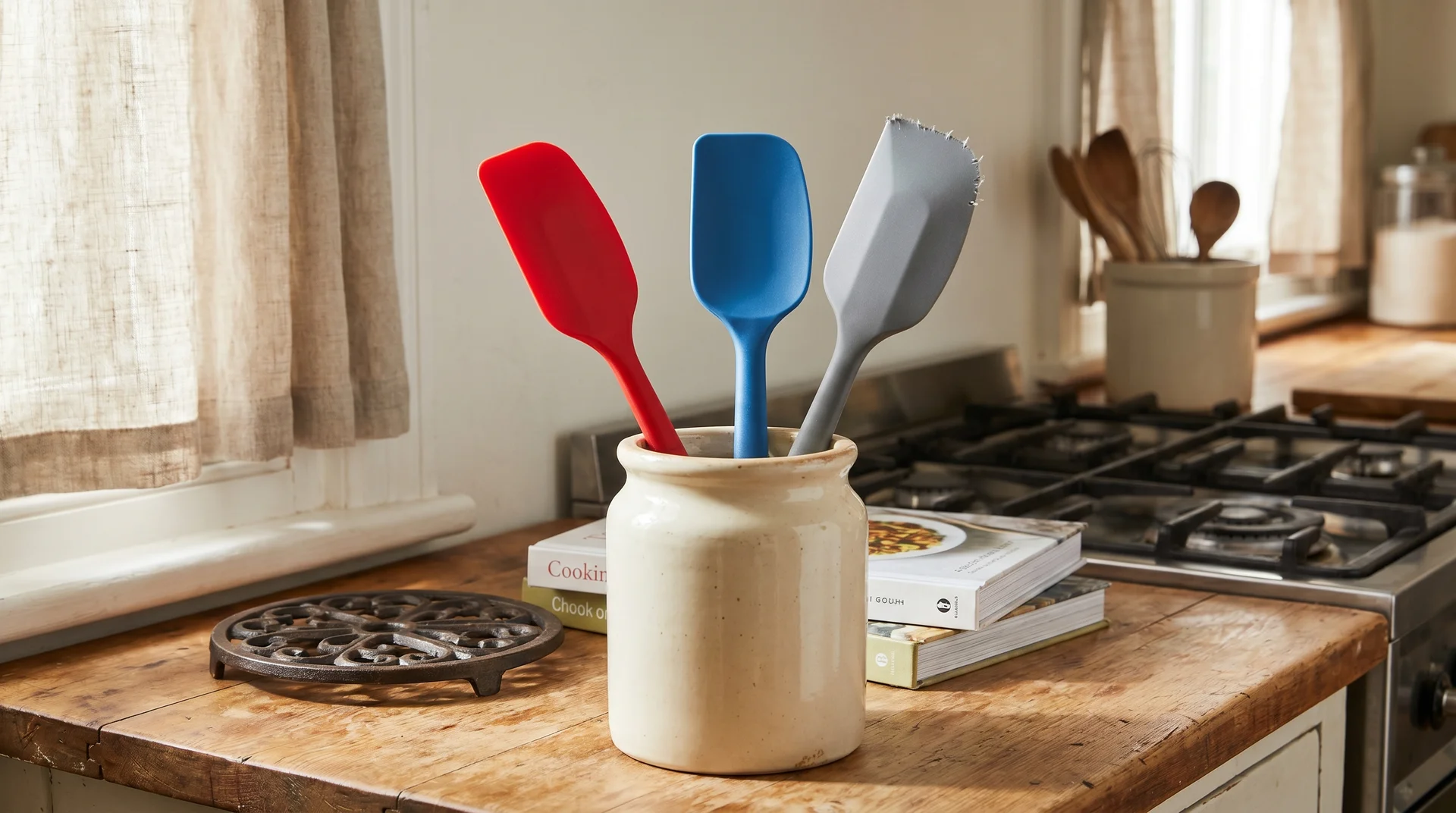 Silicone rubber scrapers stored upright in a ceramic utensil crock on a kitchen counter