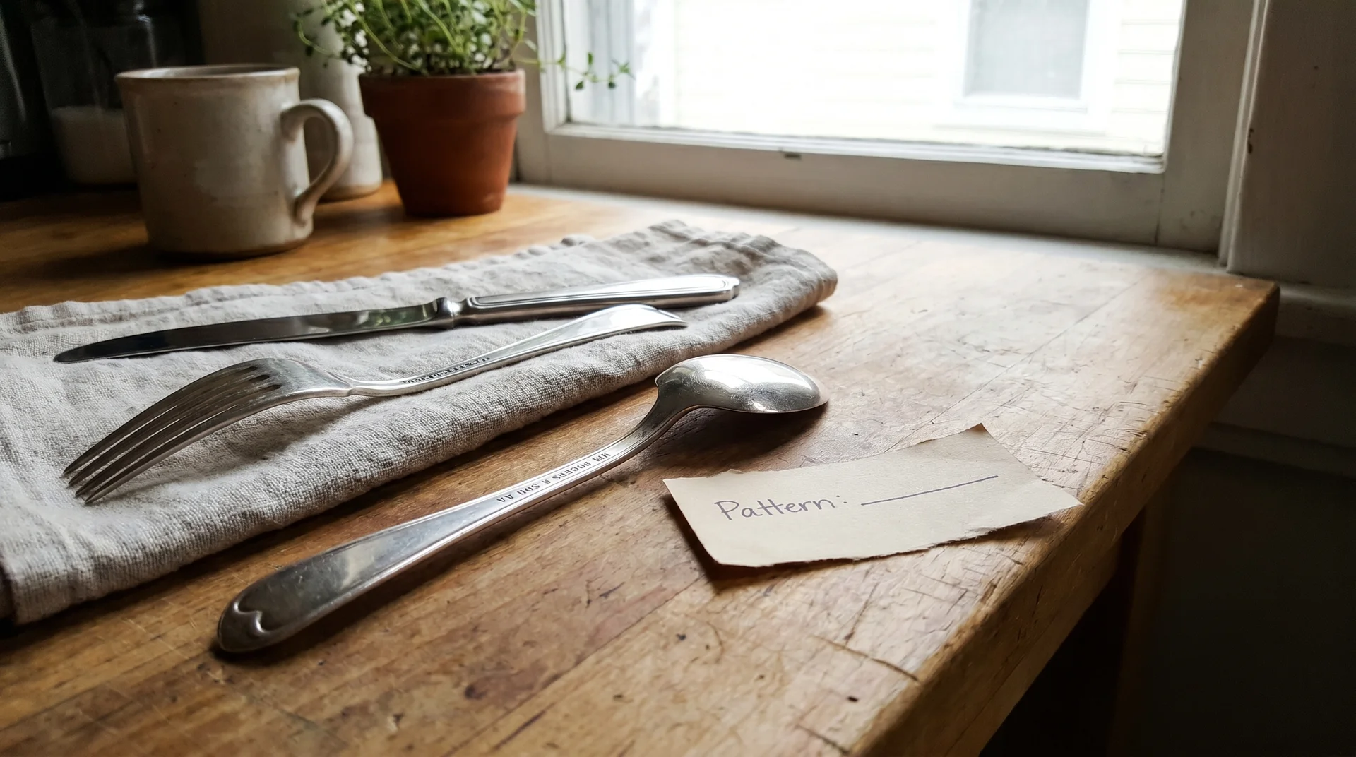 Silver plated flatware place setting with handles face down showing stamps, next to pattern identification label