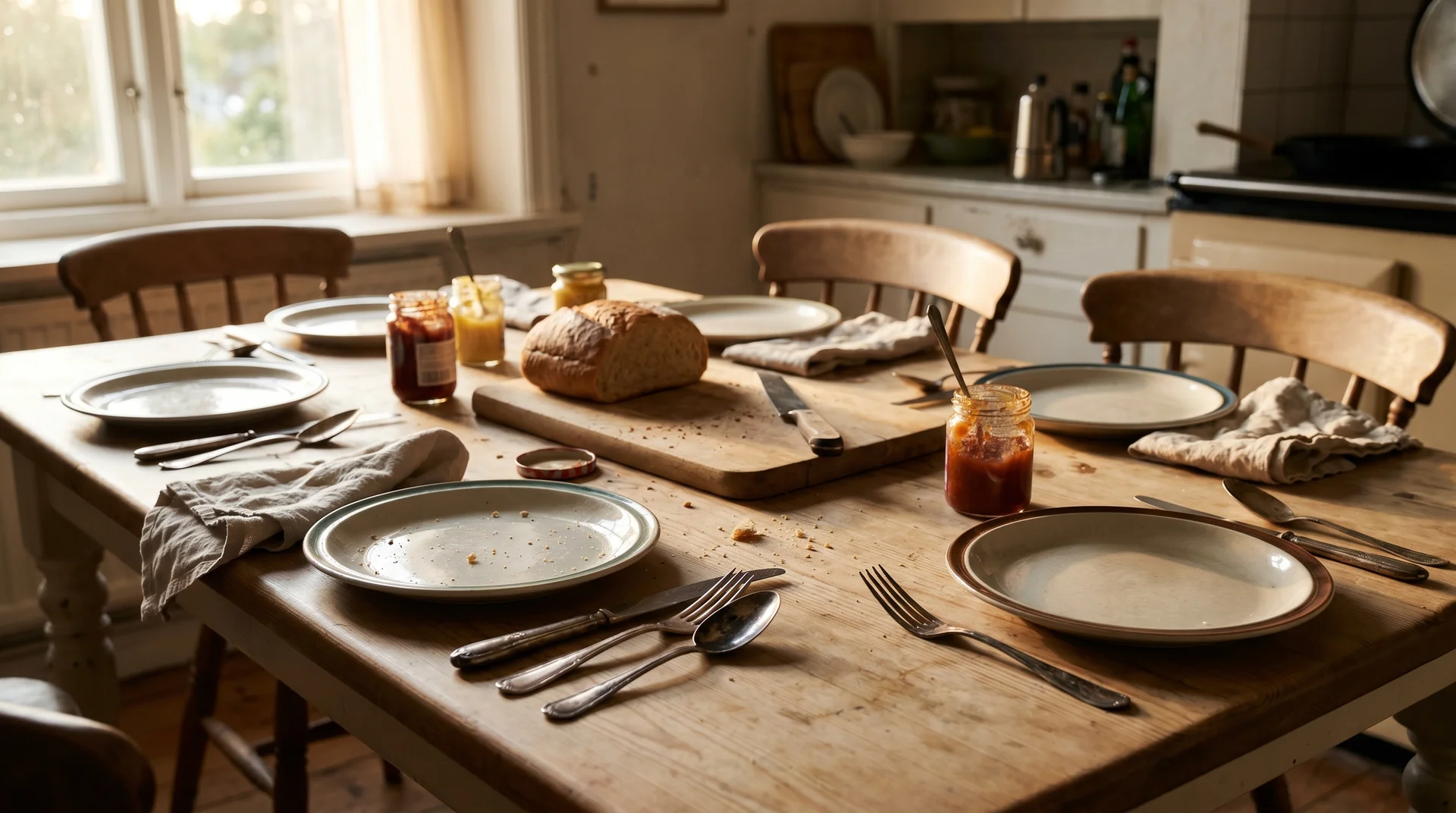 Silver plated flatware with visible tarnish set for everyday family dinner on a casual table.
