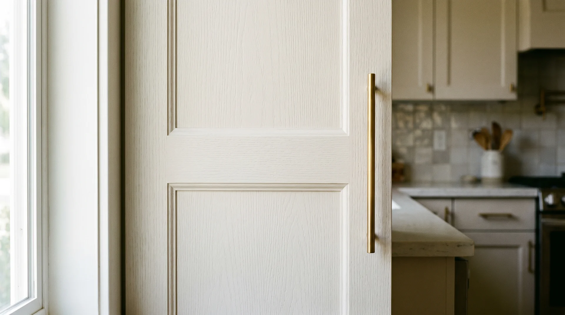 Simple bar pull on a shaker cabinet door showing hardware proportioned to the stile width