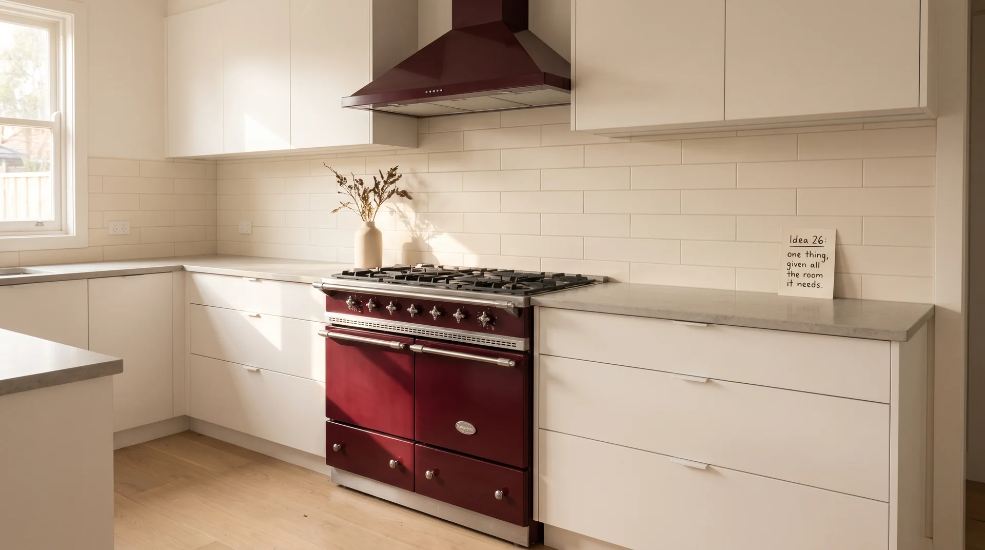 Single deep burgundy range as the only colored element in an otherwise all-white neutral kitchen