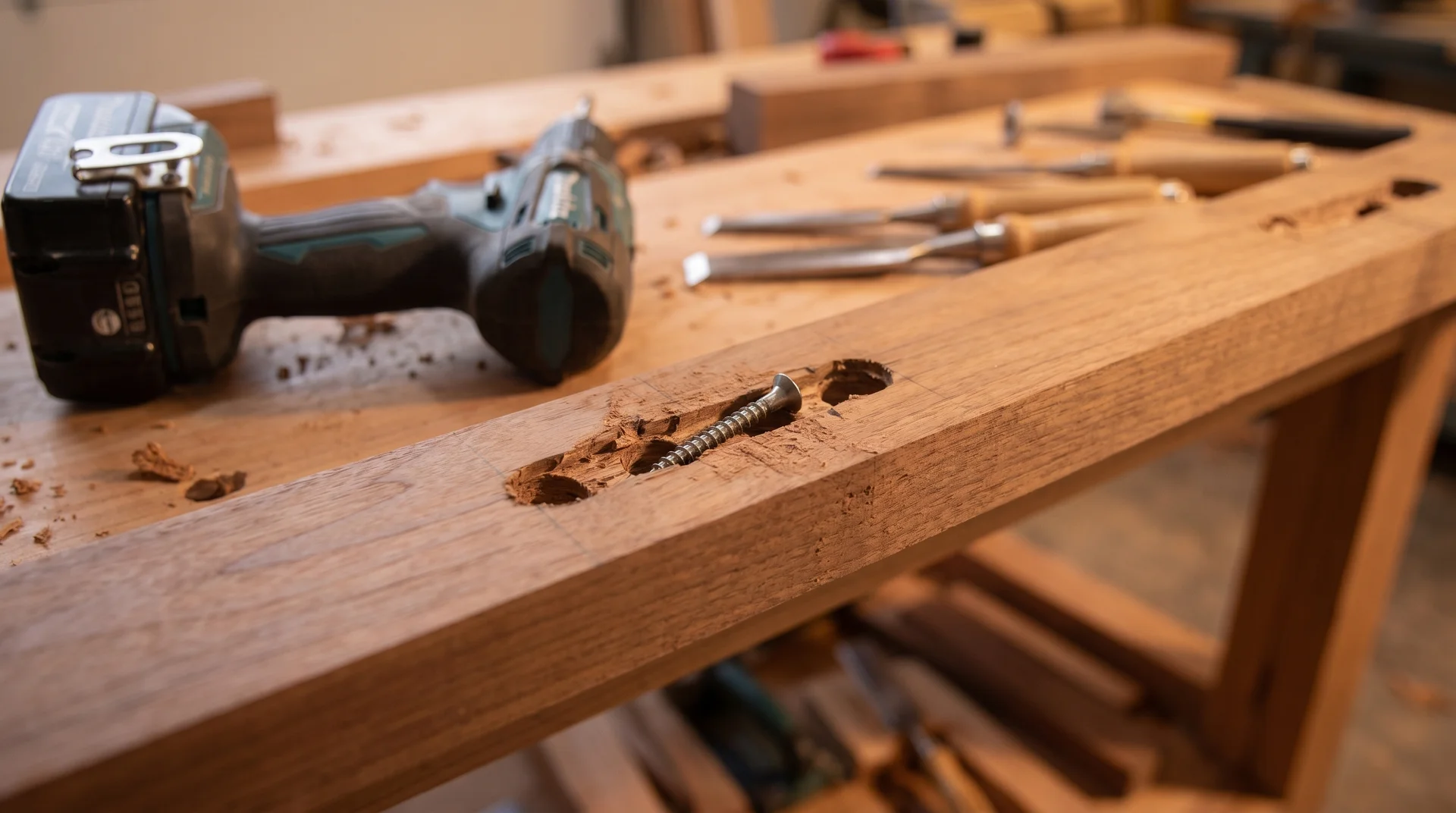 Slotted pocket screw attachment method for a farmhouse tabletop