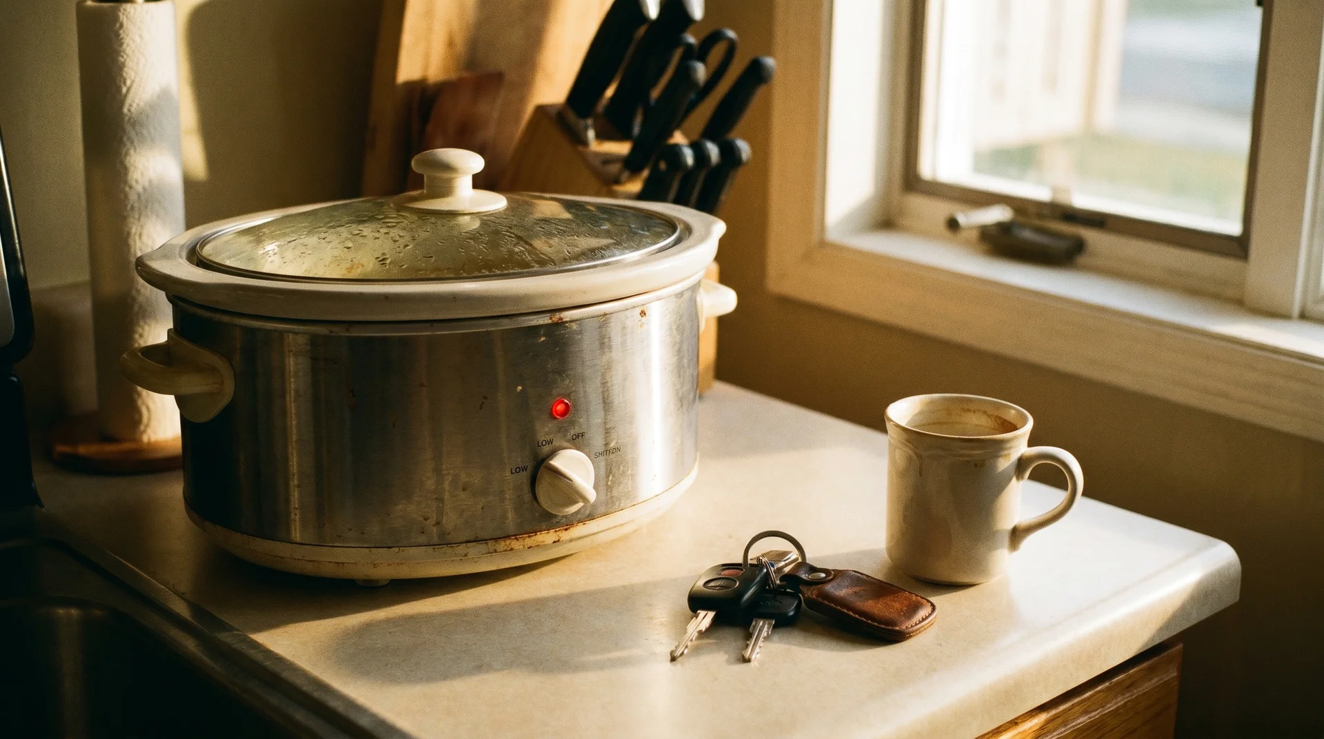 Slow cooker set to low on a kitchen counter suggesting an all-day unattended cook