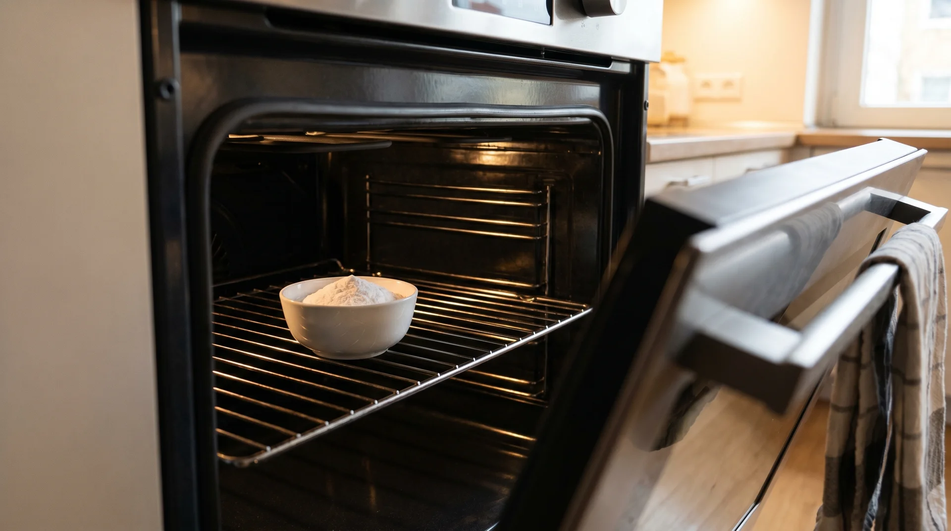 Small bowl of baking soda on oven rack to absorb lingering vinegar smell after cleaning