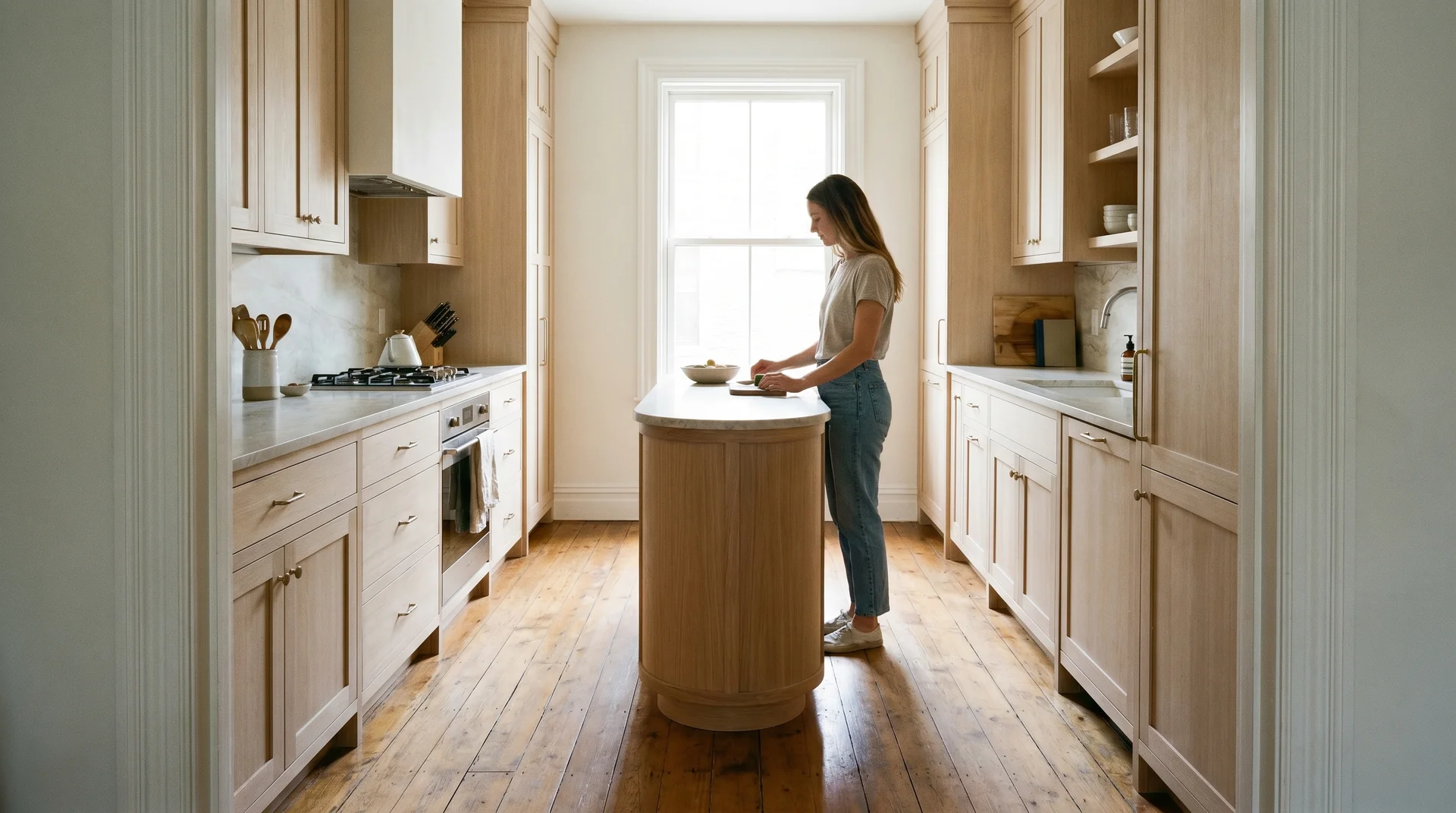 Small oval kitchen island in a compact kitchen showing adequate clearance on both sides