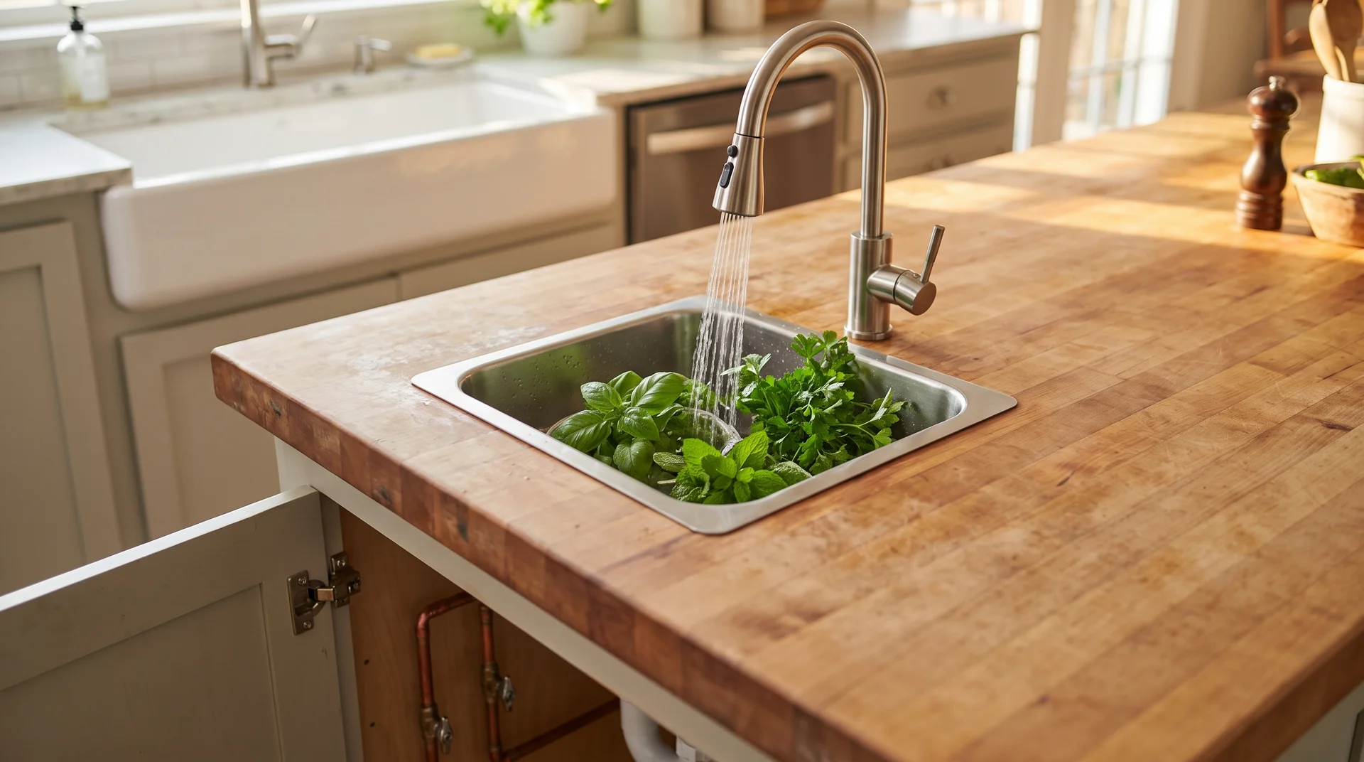 Small prep sink with herbs rinsing integrated into butcher block island countertop with main kitchen sink visible in background