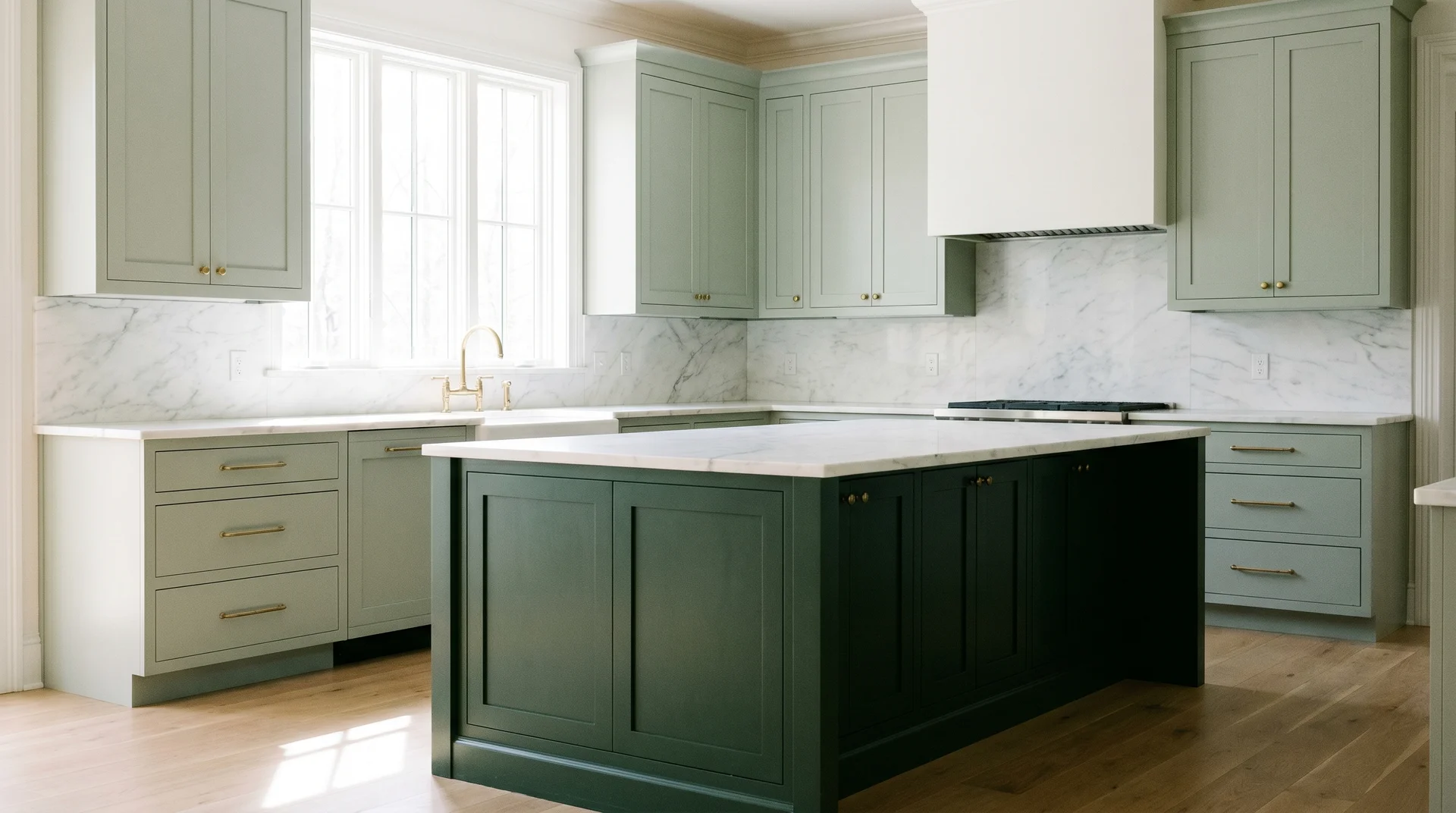 Soft sage upper cabinets with a deep forest green island showing tone-on-tone tonal contrast, white stone countertop, natural light