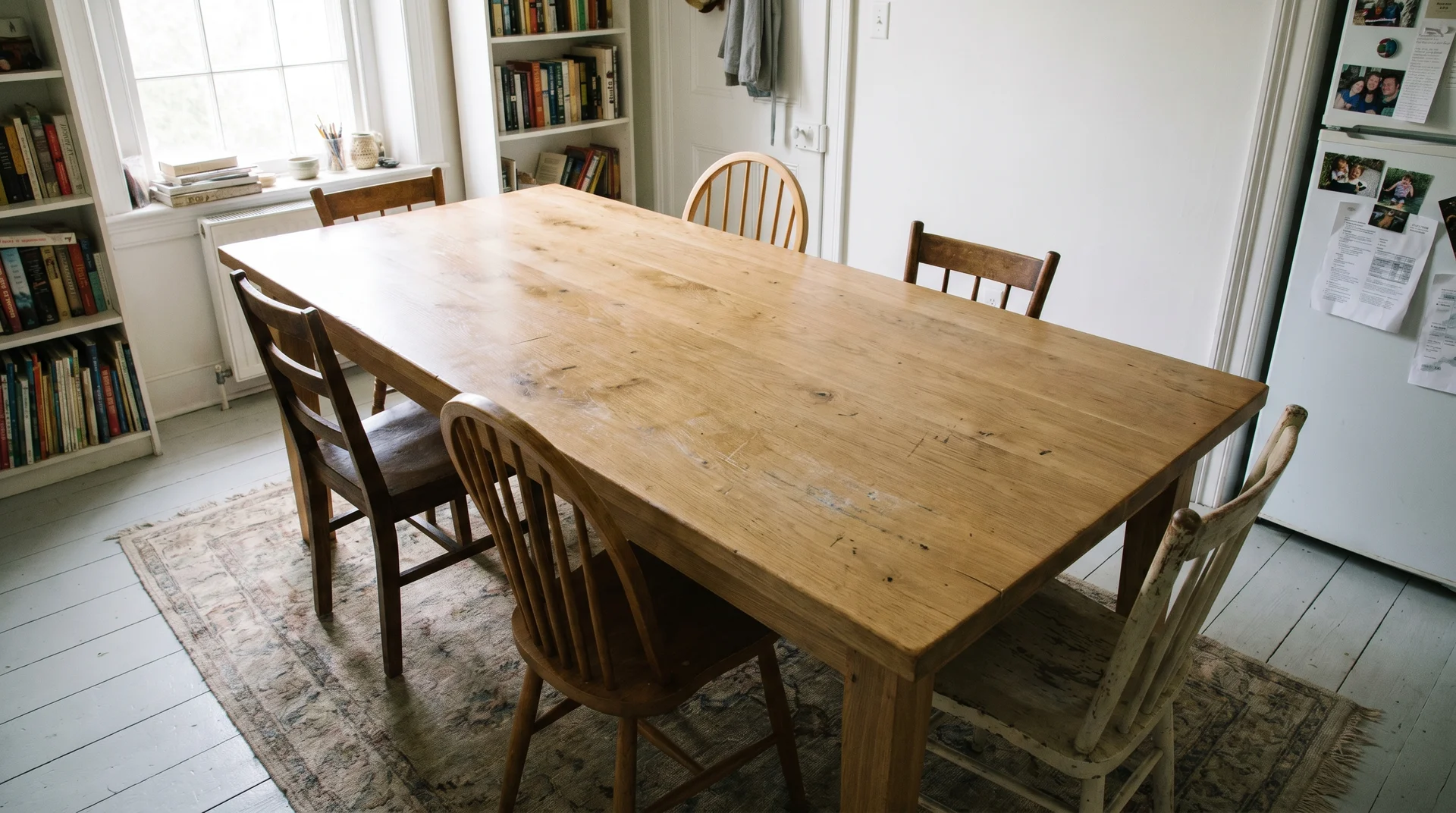 Solid wood farmhouse dining table in a simply furnished dining room with natural light