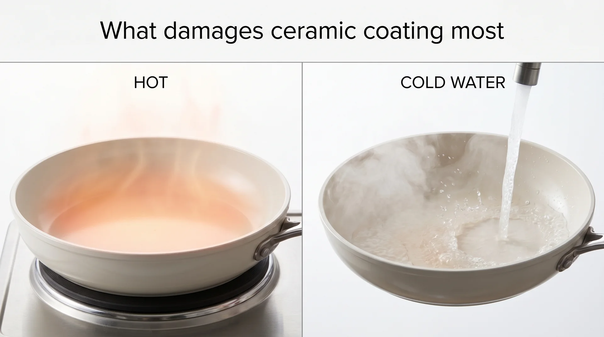 Split diagram showing hot ceramic pan versus cold water rinse causing thermal shock
