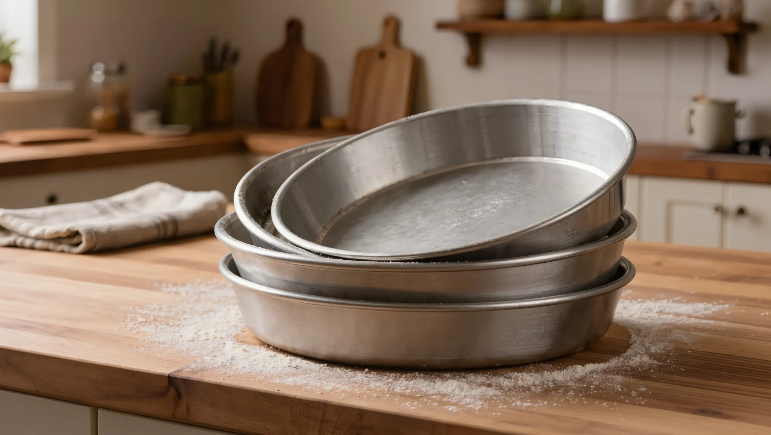 Stack of bare aluminum half sheet baking sheets on a wood kitchen counter in daylight
