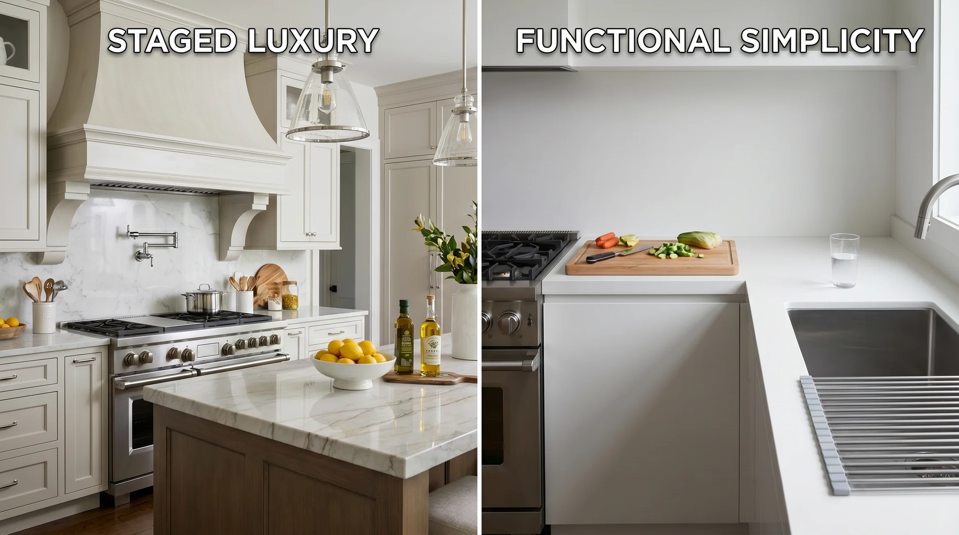 Staged chef's kitchen listing versus a functional kitchen layout with clear prep surface beside the range