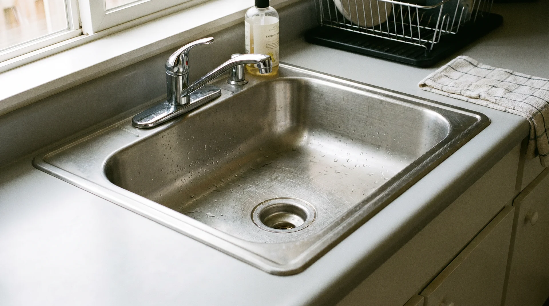 Stainless steel drop-in sink with visible rim resting on laminate kitchen countertop