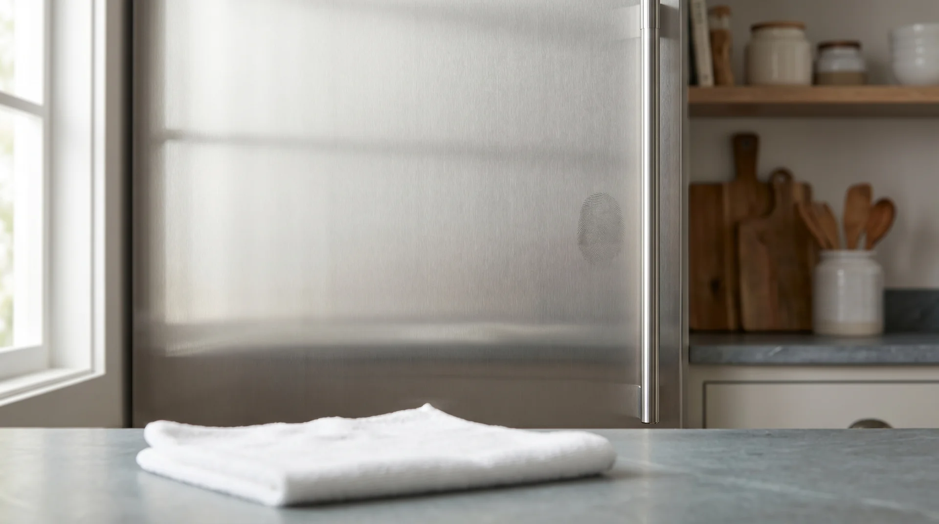 Stainless steel refrigerator door with visible grain lines and fingerprint smudge near handle