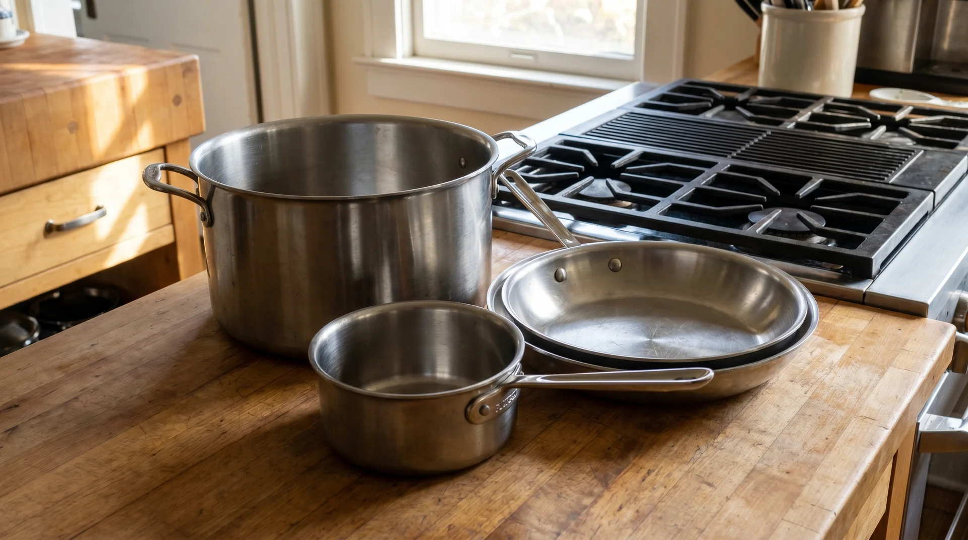 Stockpot, frying pan, and saucepan — the three core vessels for a home kitchen