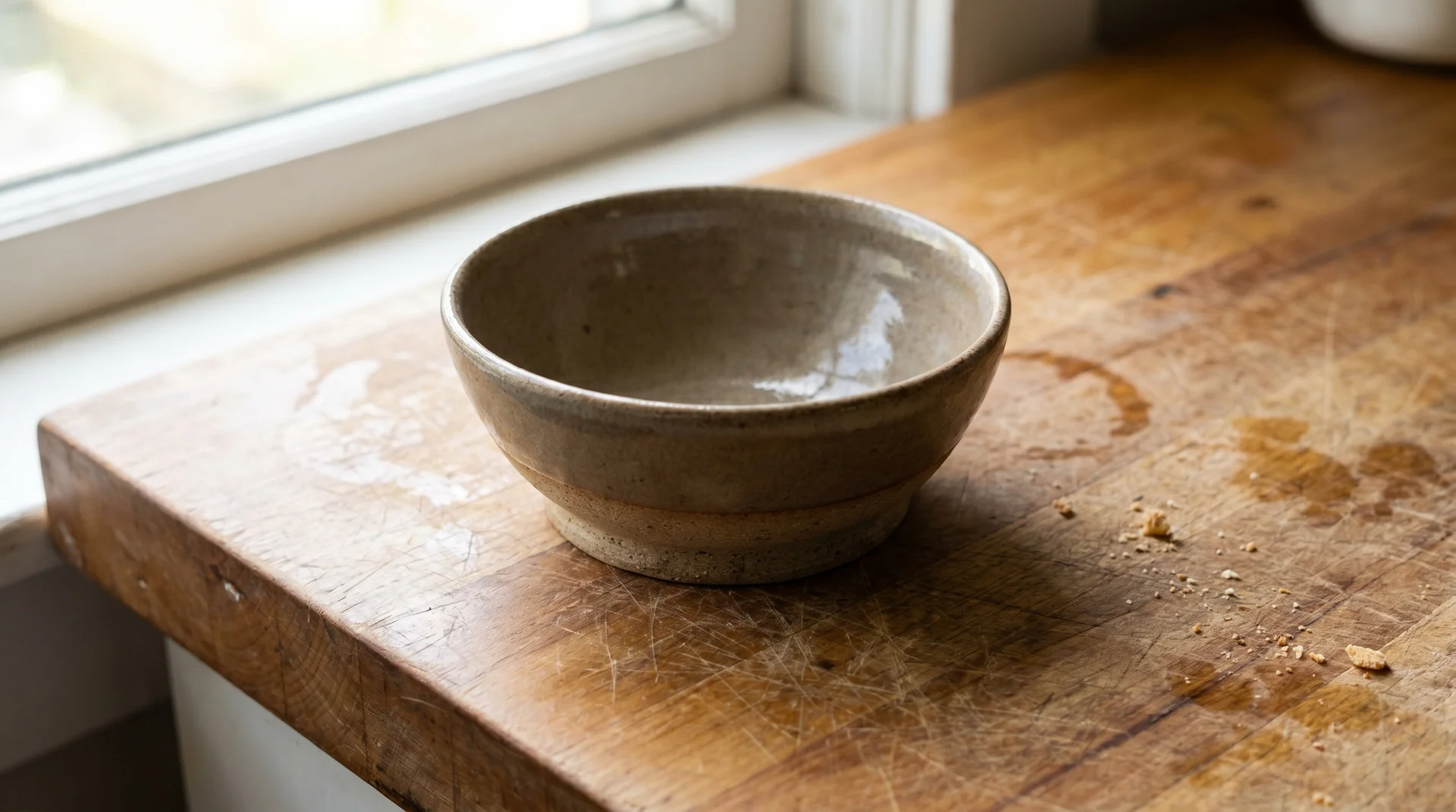 Stoneware bowl with unglazed foot ring on wooden surface