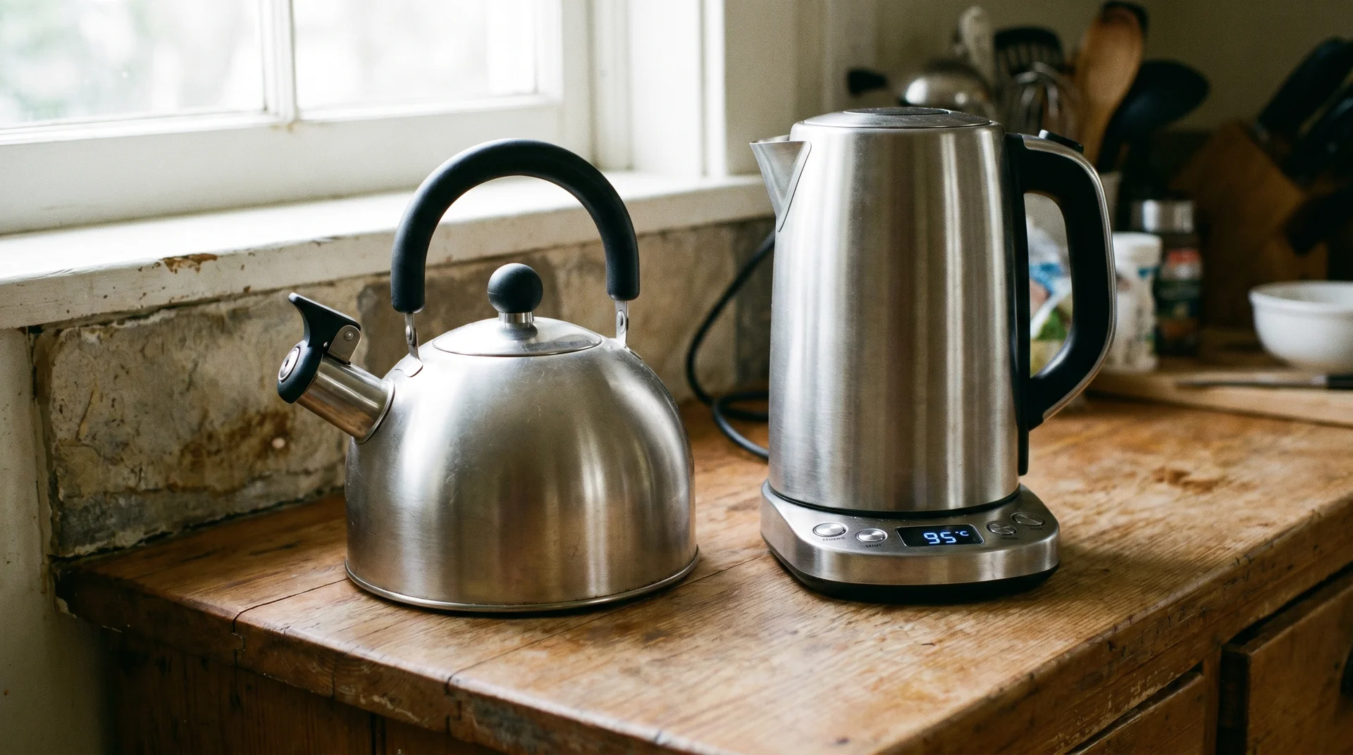 Stovetop kettle and variable-temperature electric kettle compared side by side on a kitchen counter