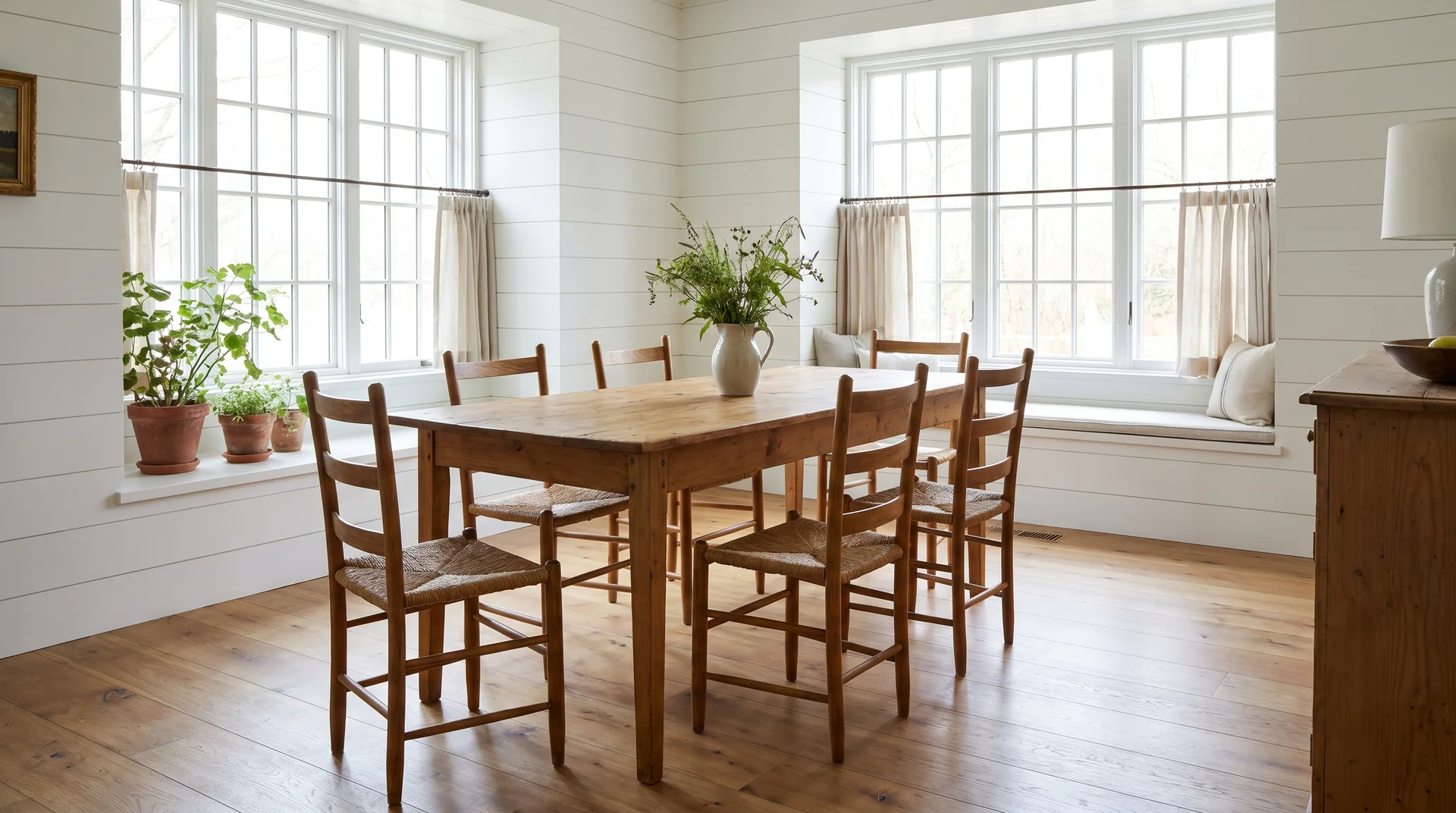 Straight-leg farmhouse table in a bright and versatile dining room