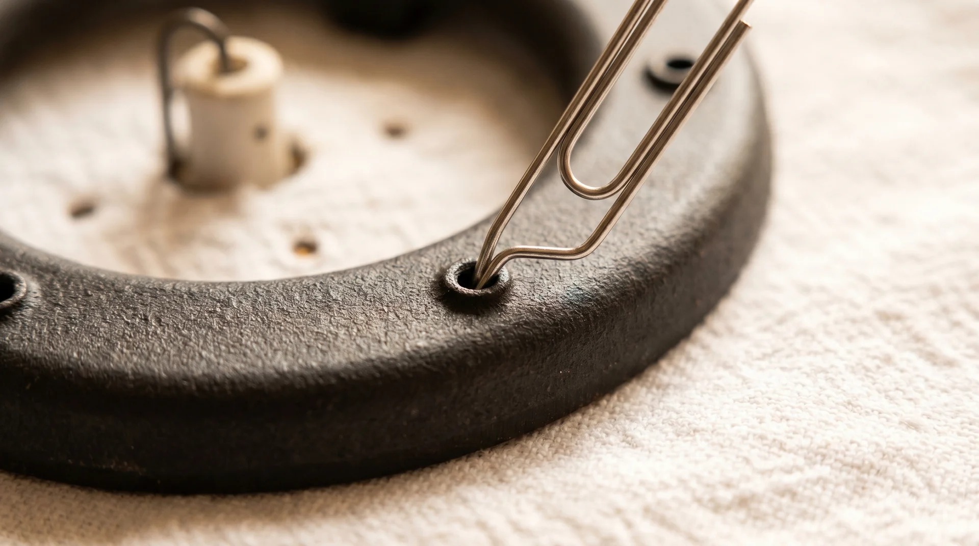 Straightened paperclip clearing a blocked burner port on a removed gas stove burner head
