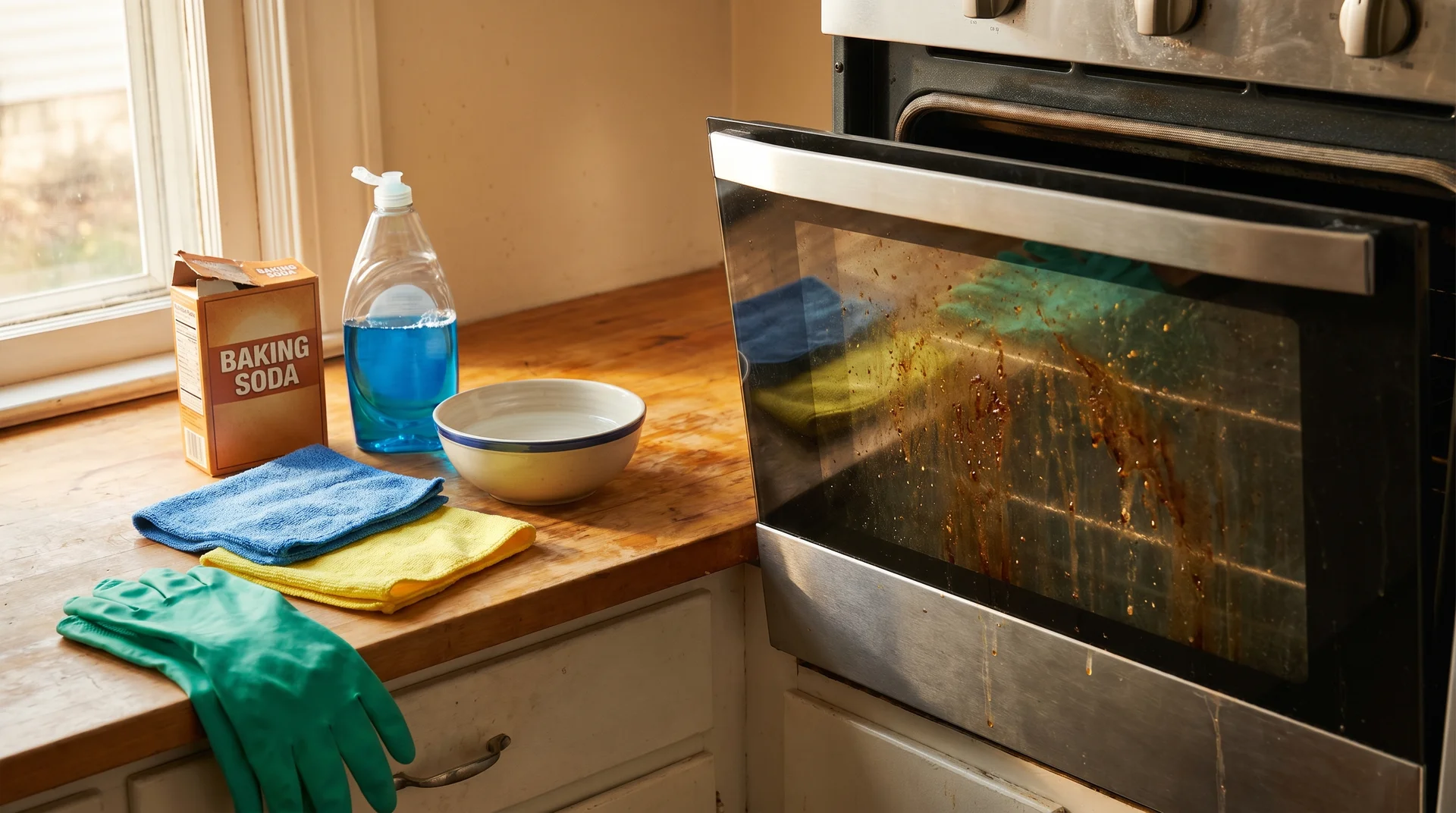 Supplies arranged for a DIY baking soda oven cleaning method