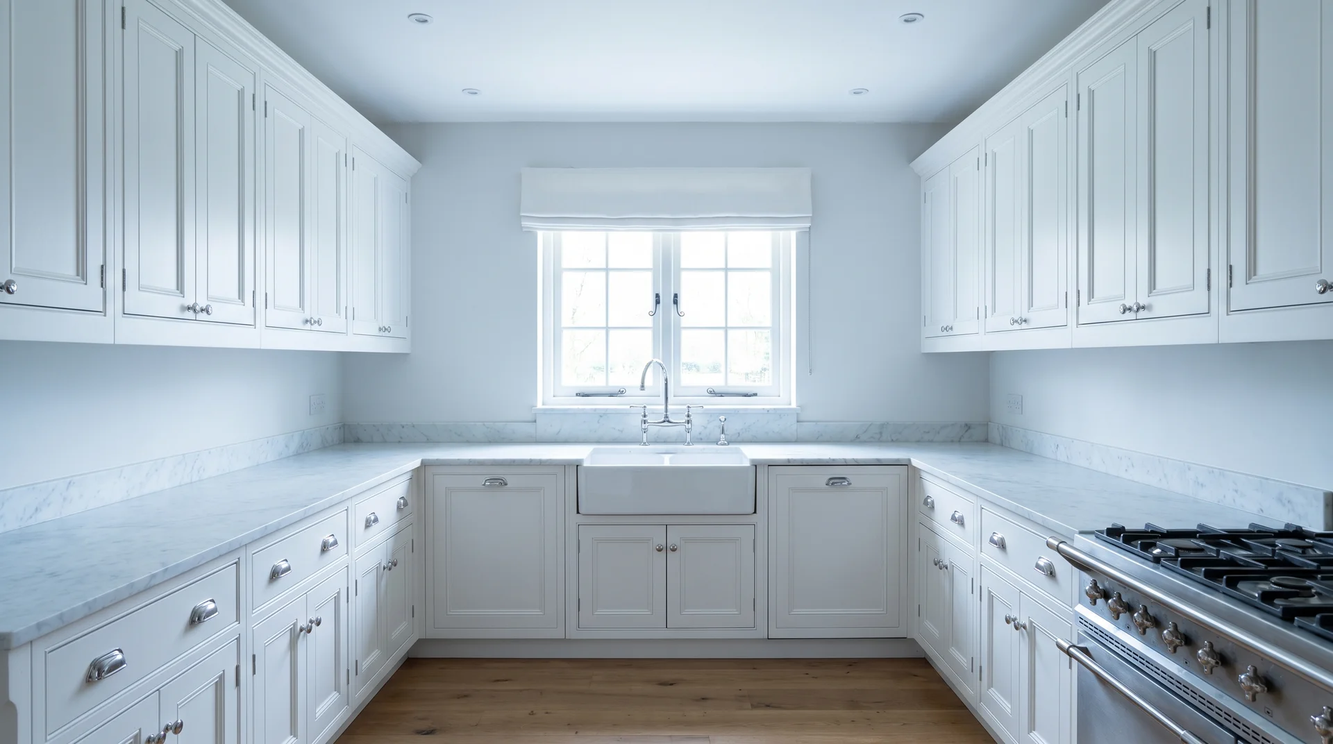 Symmetrical traditional kitchen with raised-panel white cabinets, marble countertops, and chrome fixtures