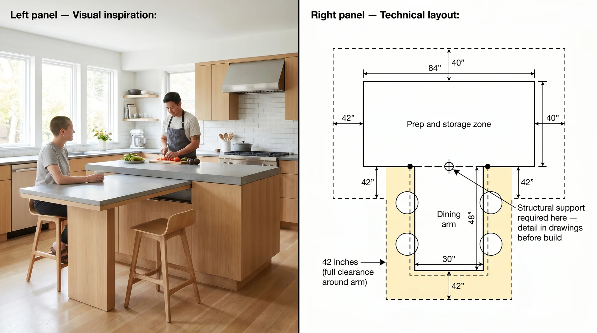 T-shaped kitchen island with dining arm in a real kitchen beside a plan showing structural support point and clearance requirements