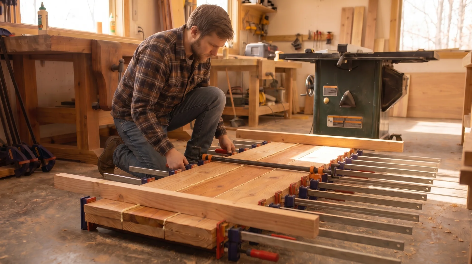 Tabletop boards clamped together during glue-up