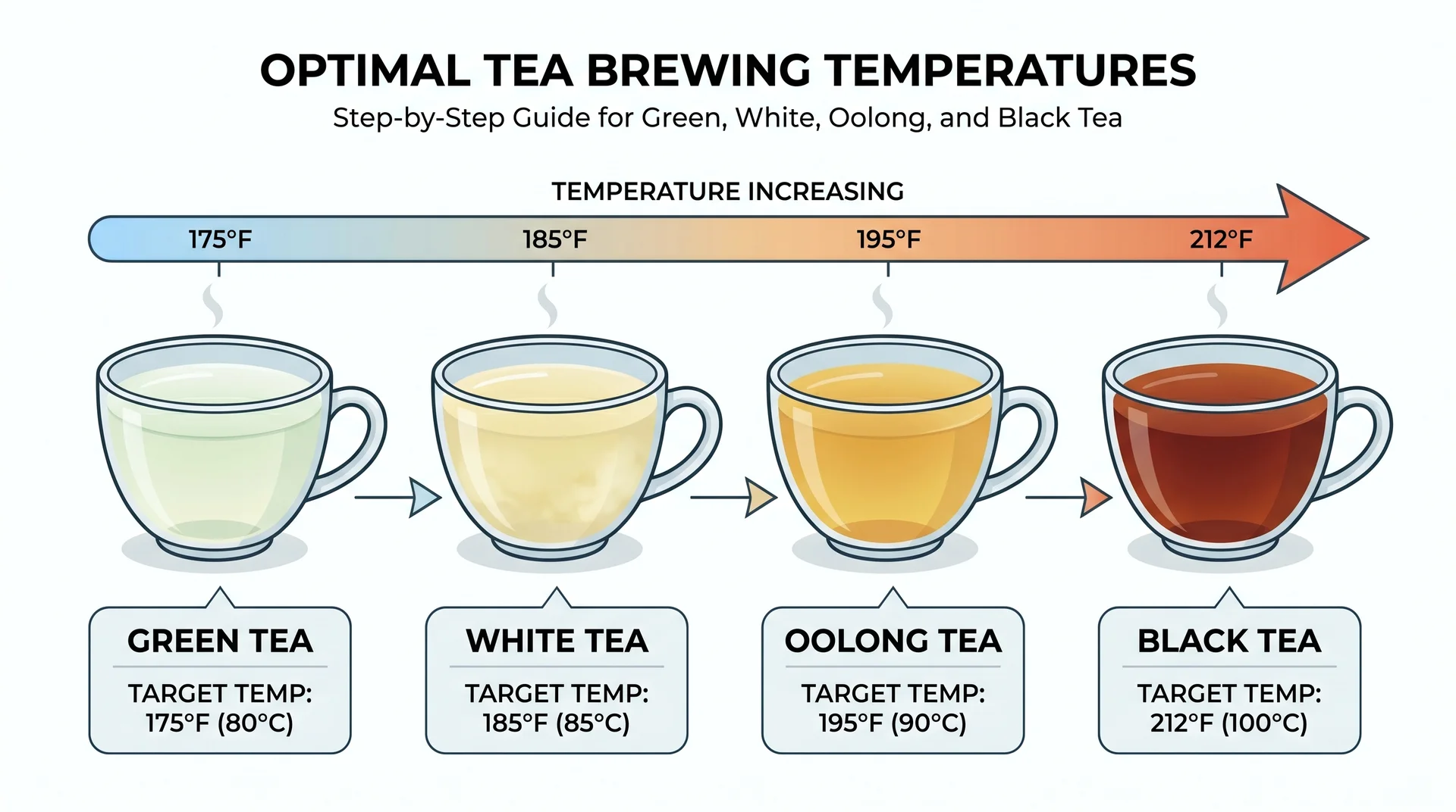 Tea temperature guide showing target water temperatures from 175°F for white tea to 212°F for black tea