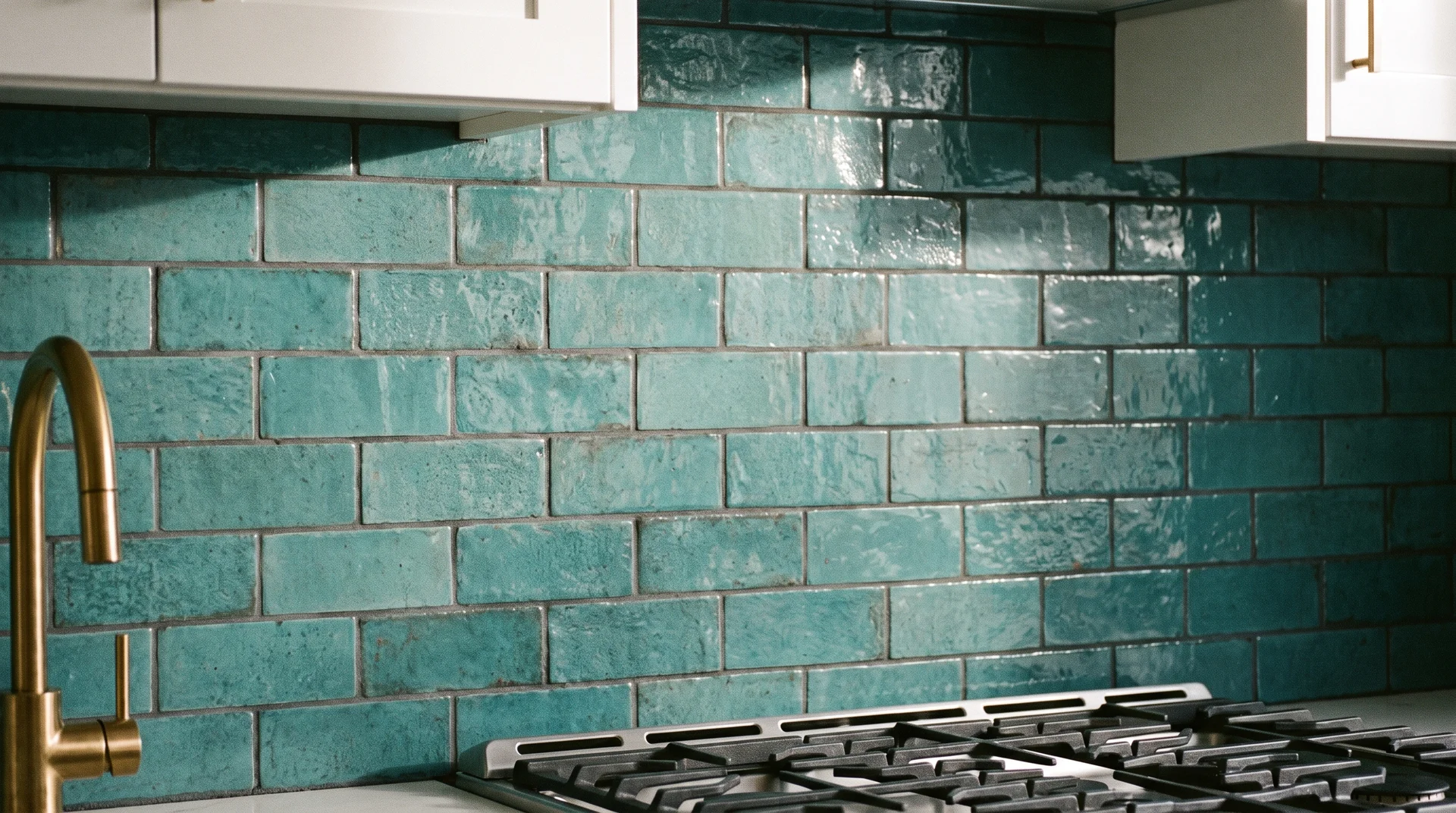 Teal handmade subway tile backsplash with dark grout and brass faucet in a real kitchen