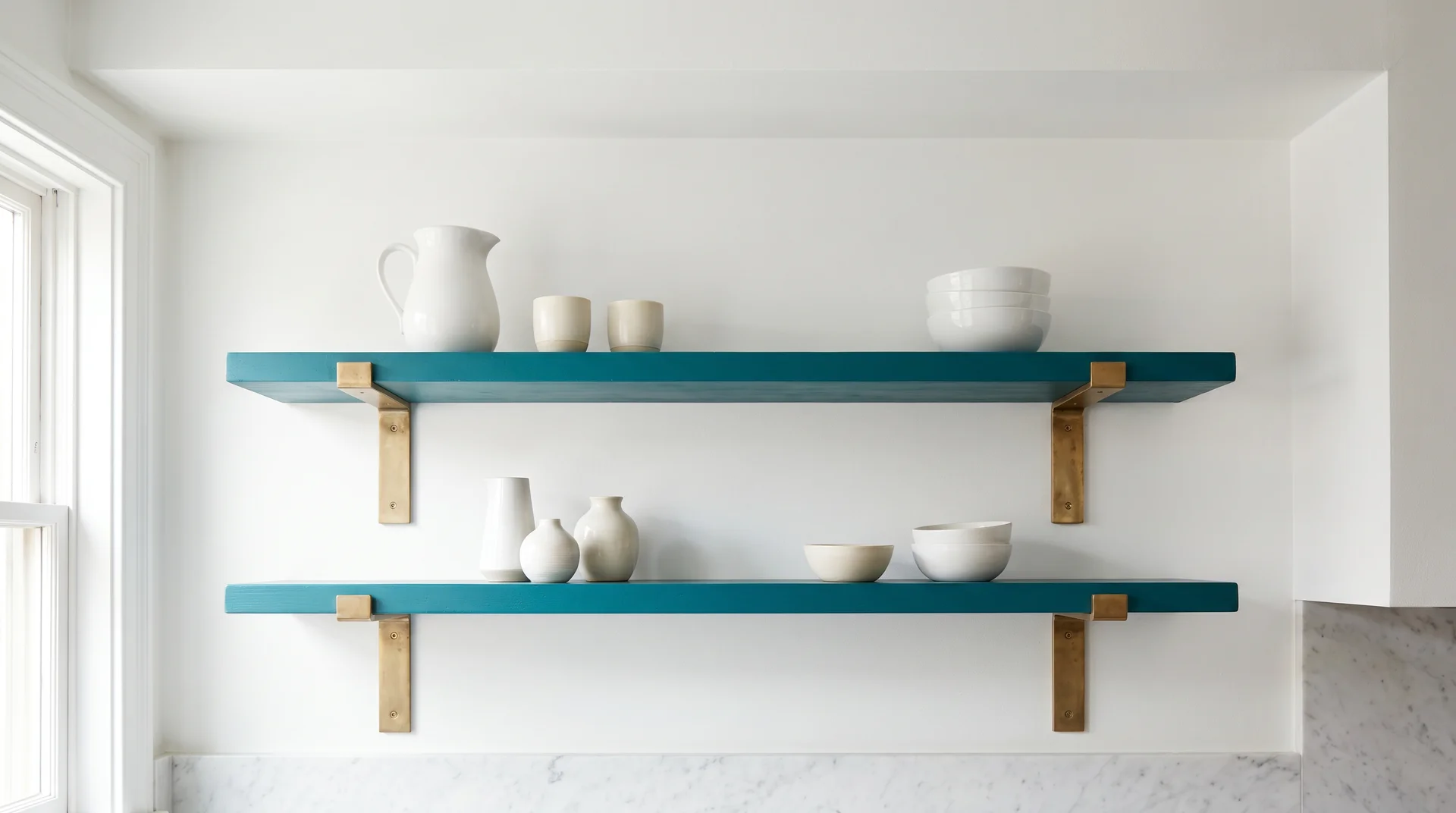 Teal-painted floating kitchen shelves with brass brackets and white ceramic objects against a white wall