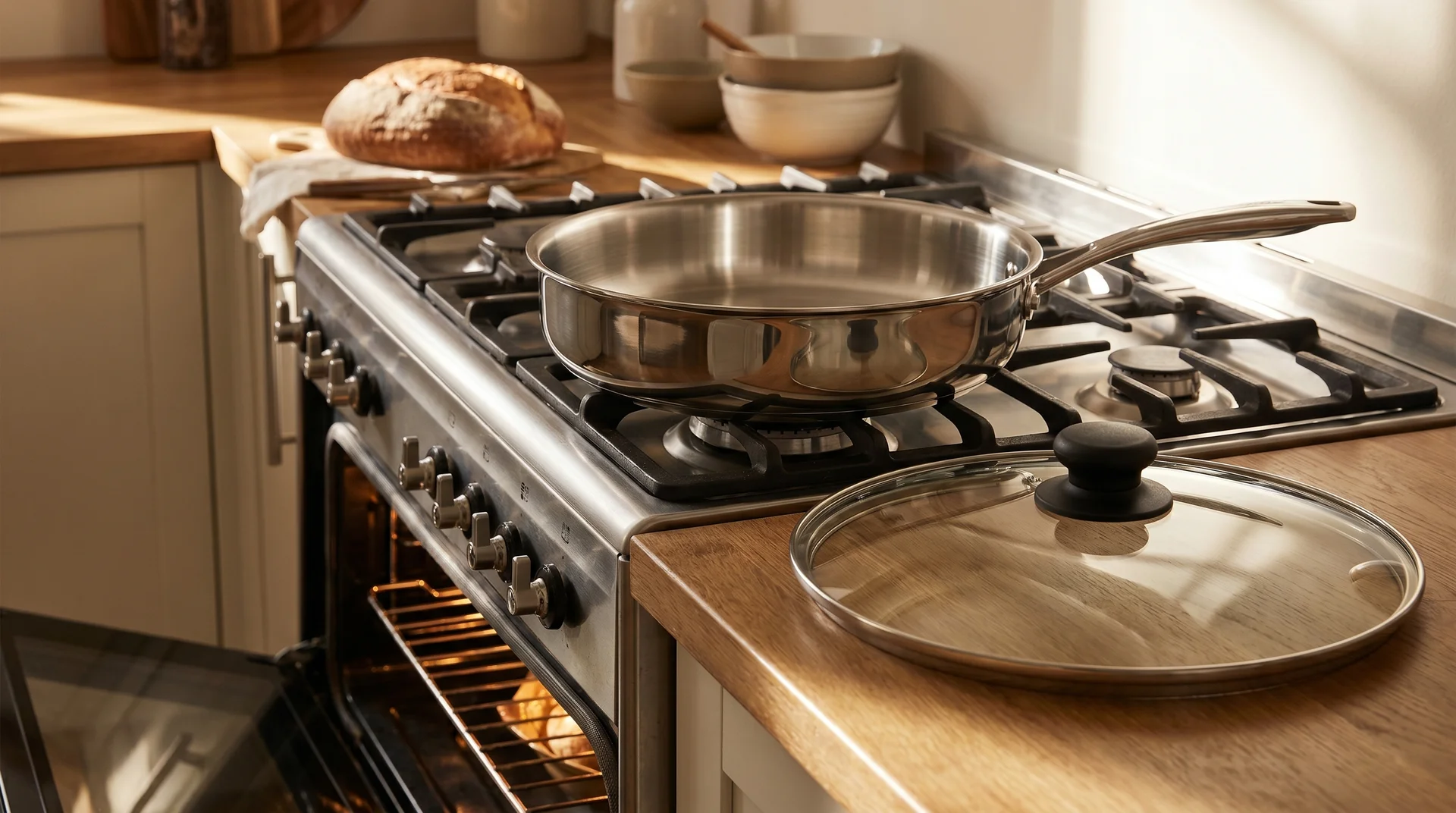 Tempered glass lid set aside while pan cooks in the oven